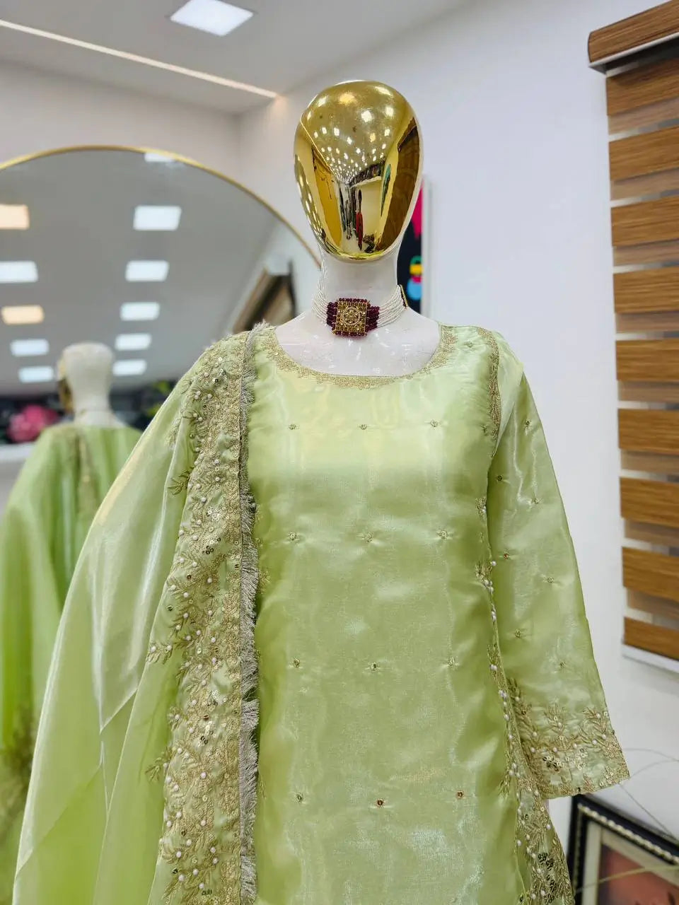 Organza Silk Embroidered Palazzo Suit Set