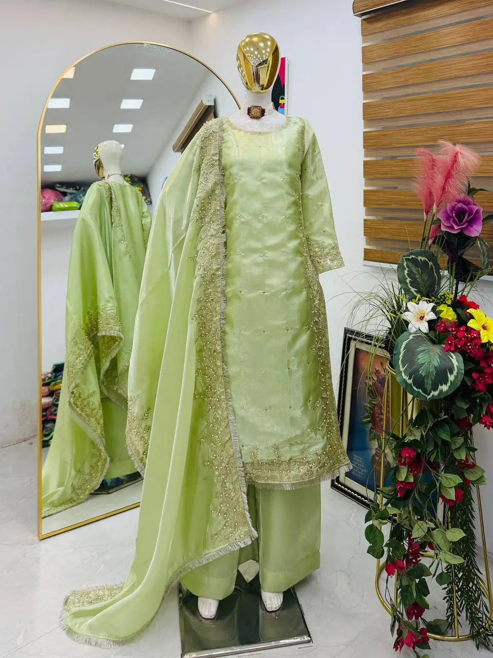 Organza Silk Embroidered Palazzo Suit Set