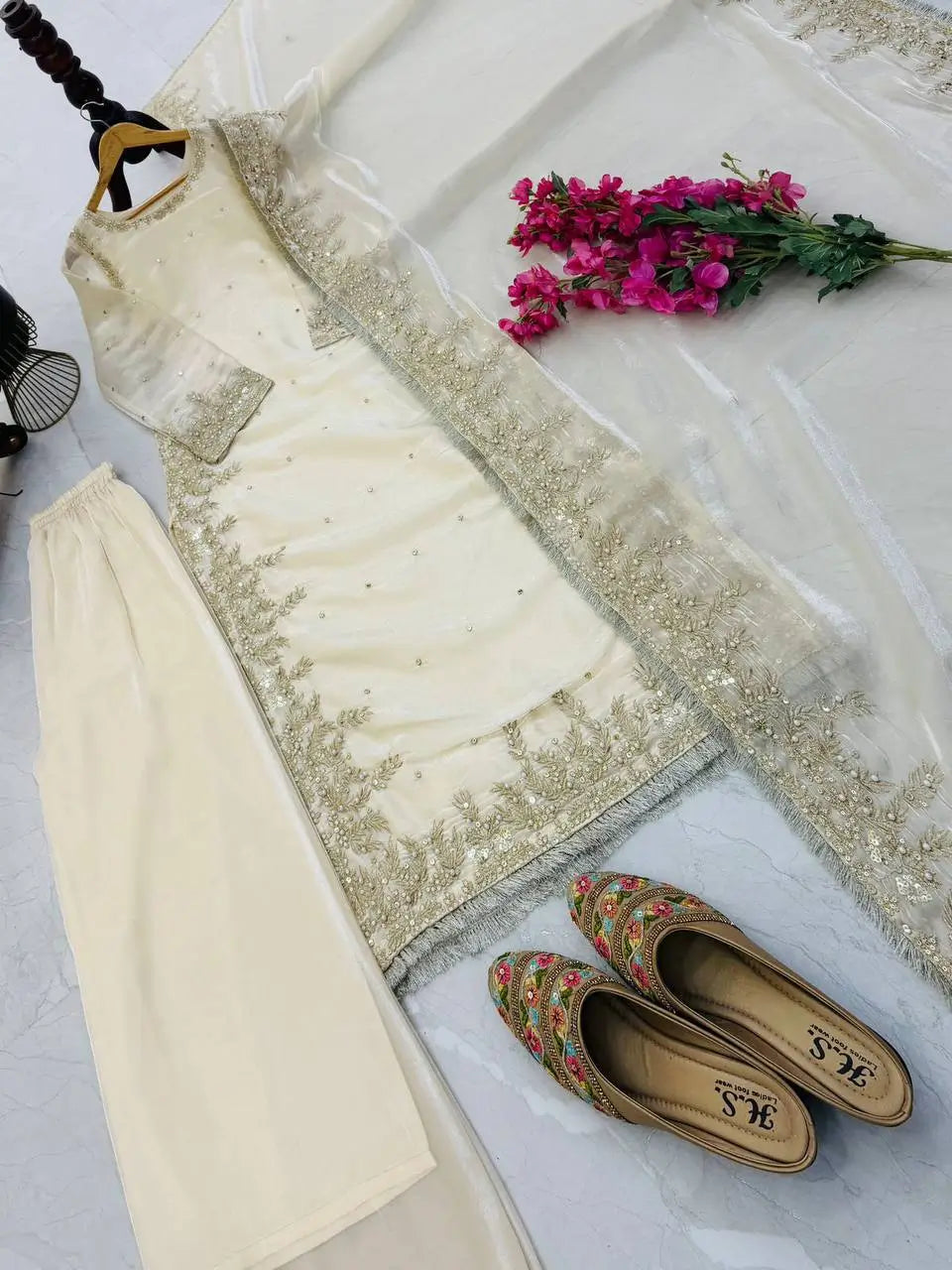 Organza Silk Embroidered Palazzo Suit Set