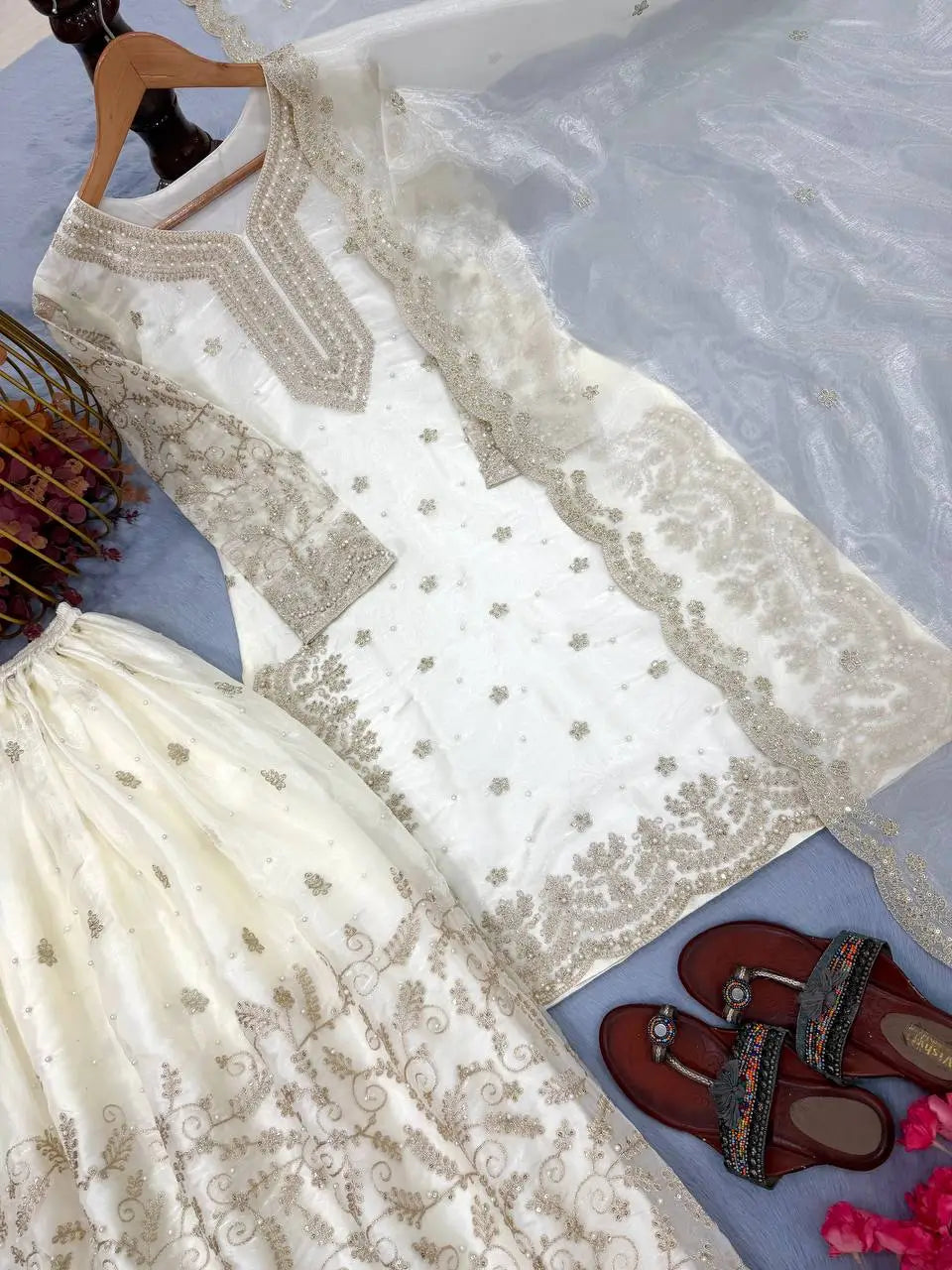 Organza Silk Embroidered Plazo Suit Set