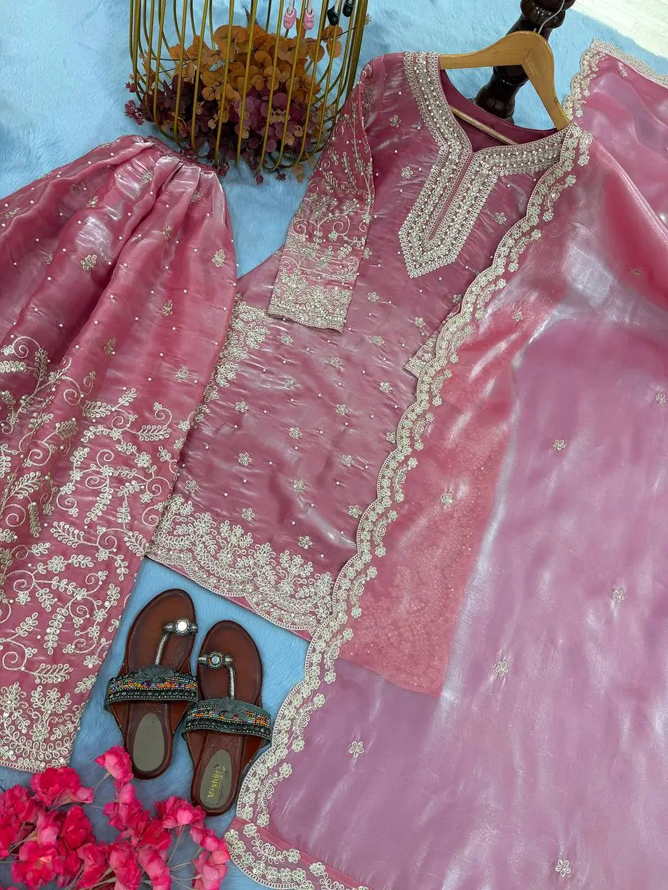 Organza Silk Embroidered Plazo Suit Set