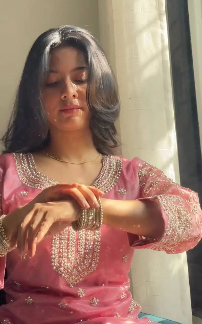 Organza Silk Embroidered Plazo Suit Set