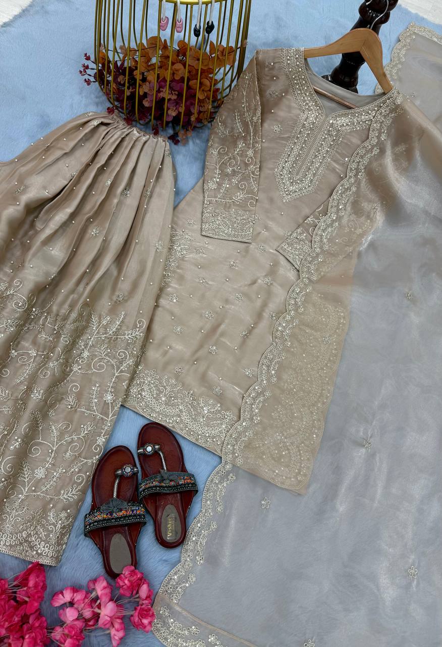 Organza Silk Embroidered Plazo Suit Set