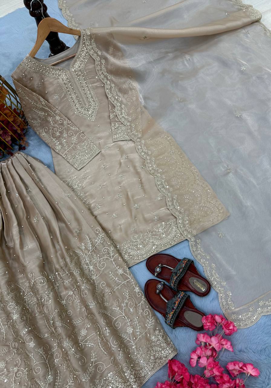 Organza Silk Embroidered Plazo Suit Set