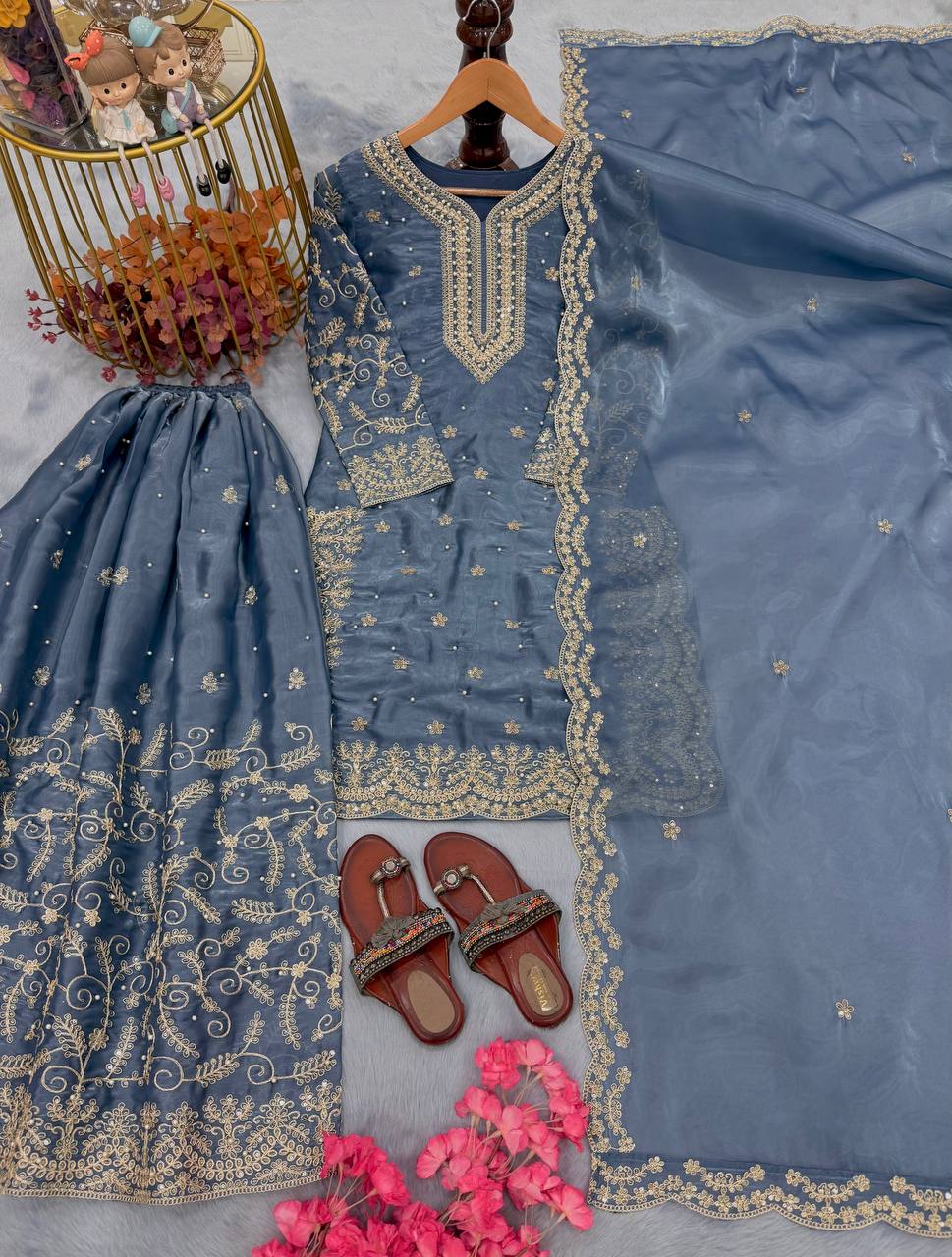 Organza Silk Embroidered Plazo Suit Set