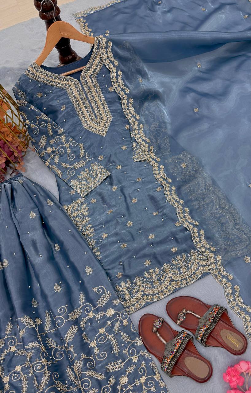 Organza Silk Embroidered Plazo Suit Set