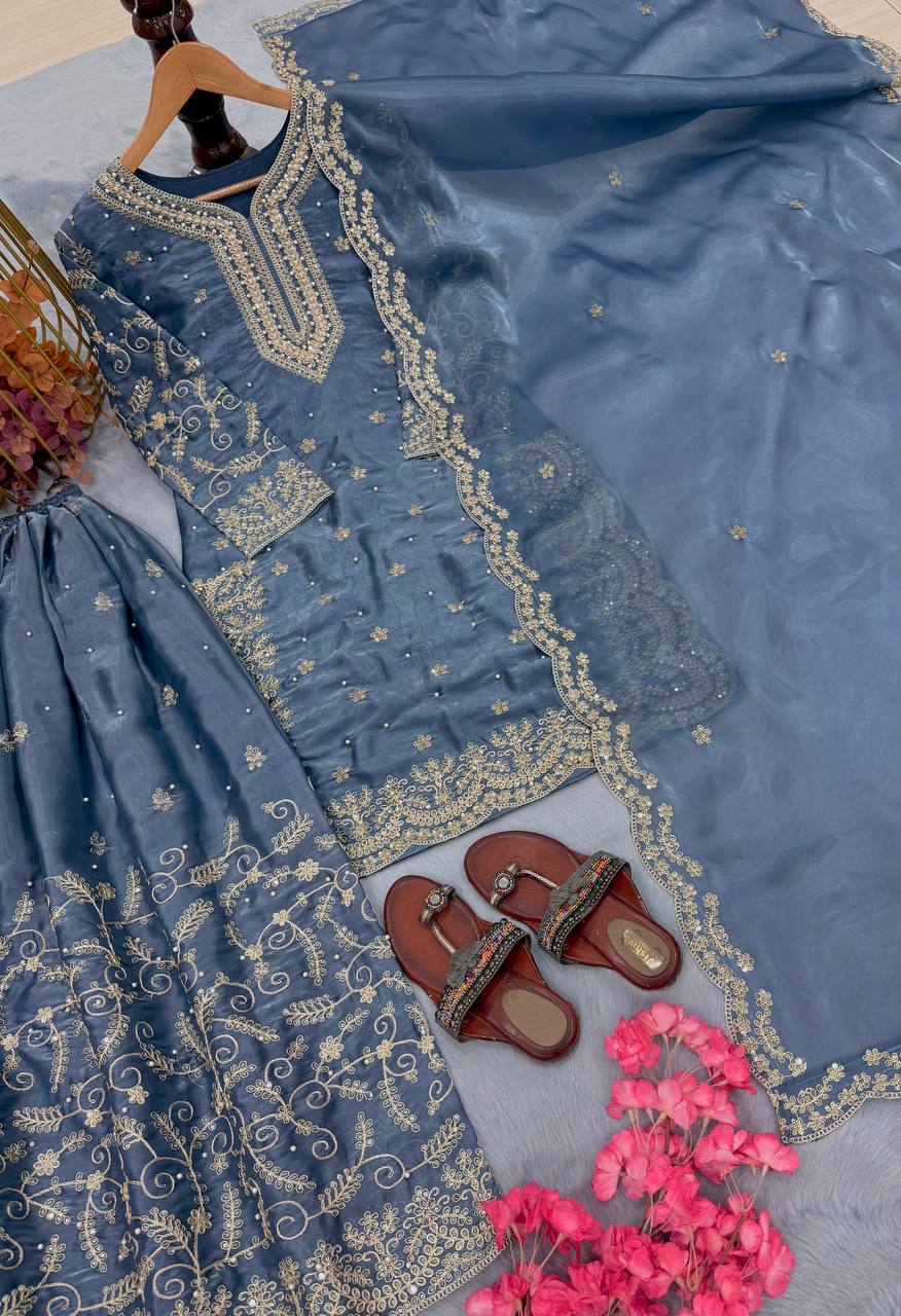 Organza Silk Embroidered Plazo Suit Set
