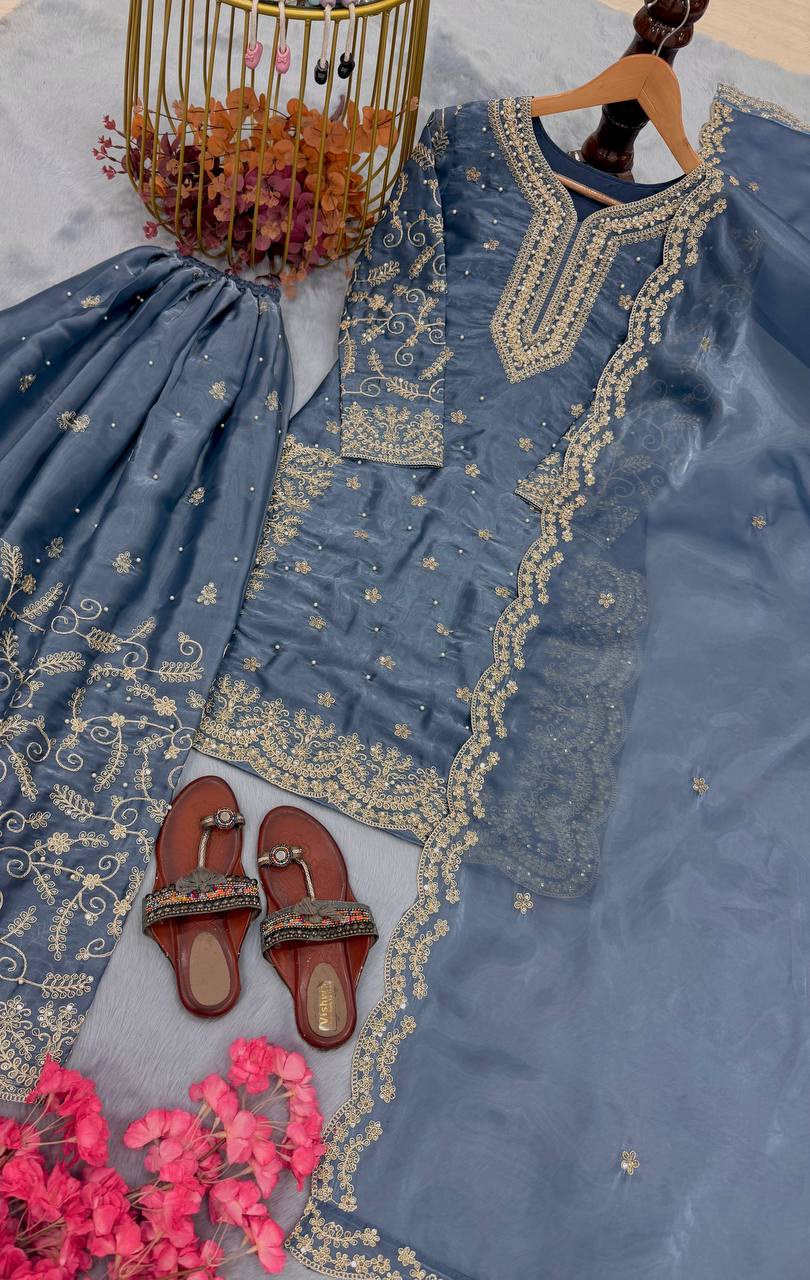 Organza Silk Embroidered Plazo Suit Set