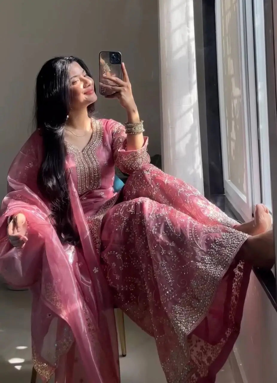 Organza Silk Embroidered Plazo Suit Set