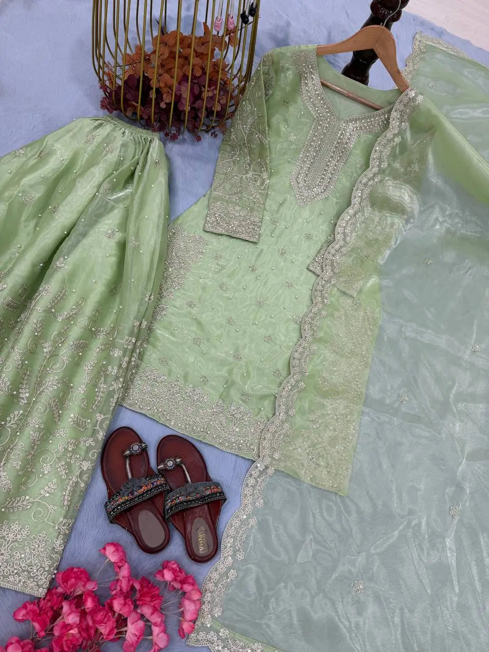 Organza Silk Embroidered Plazo Suit Set