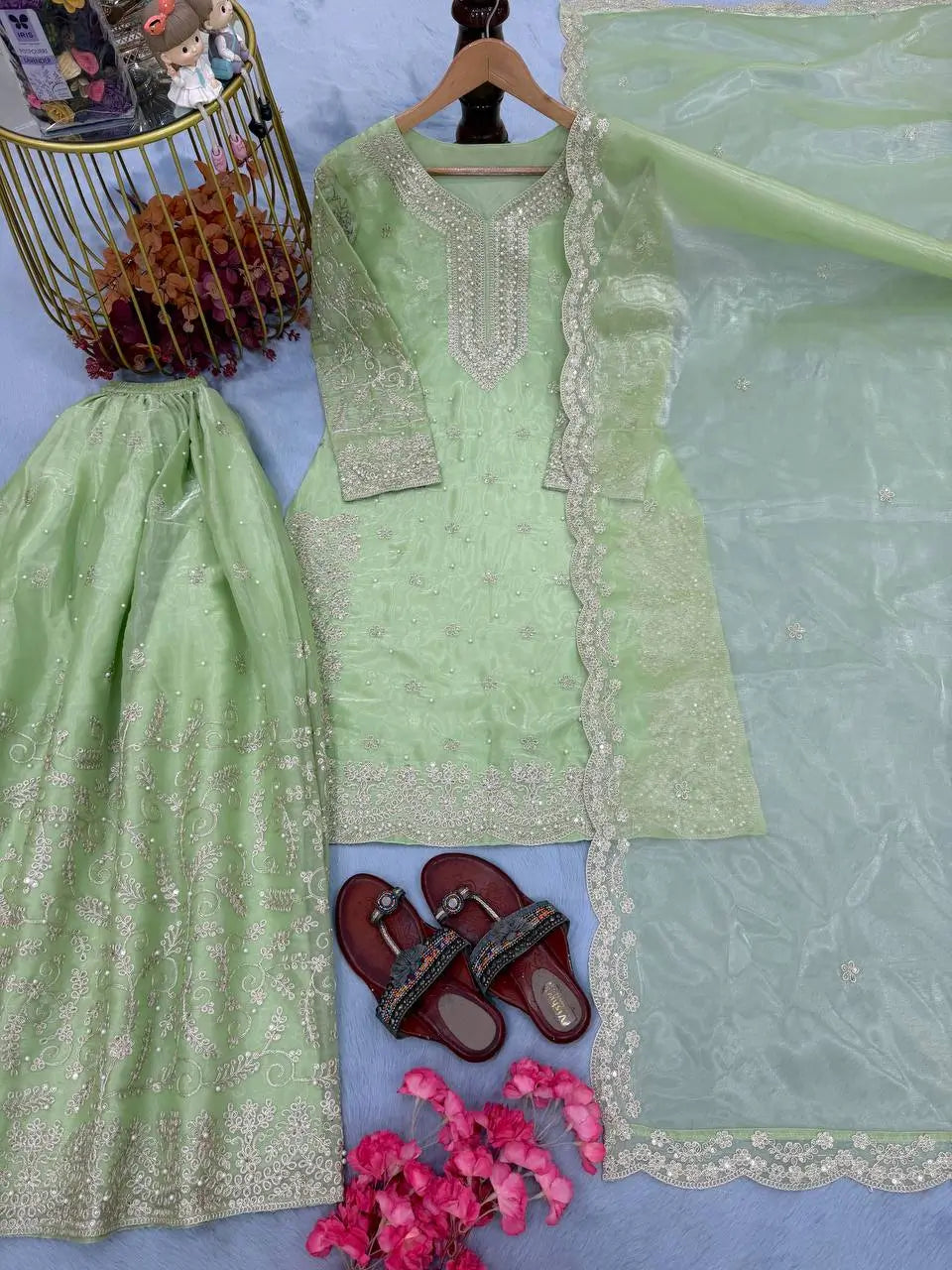 Organza Silk Embroidered Plazo Suit Set