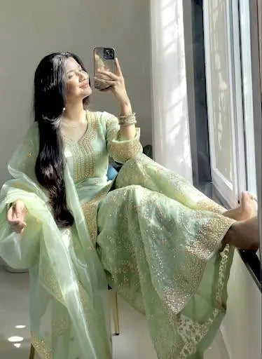 Organza Silk Embroidered Plazo Suit Set