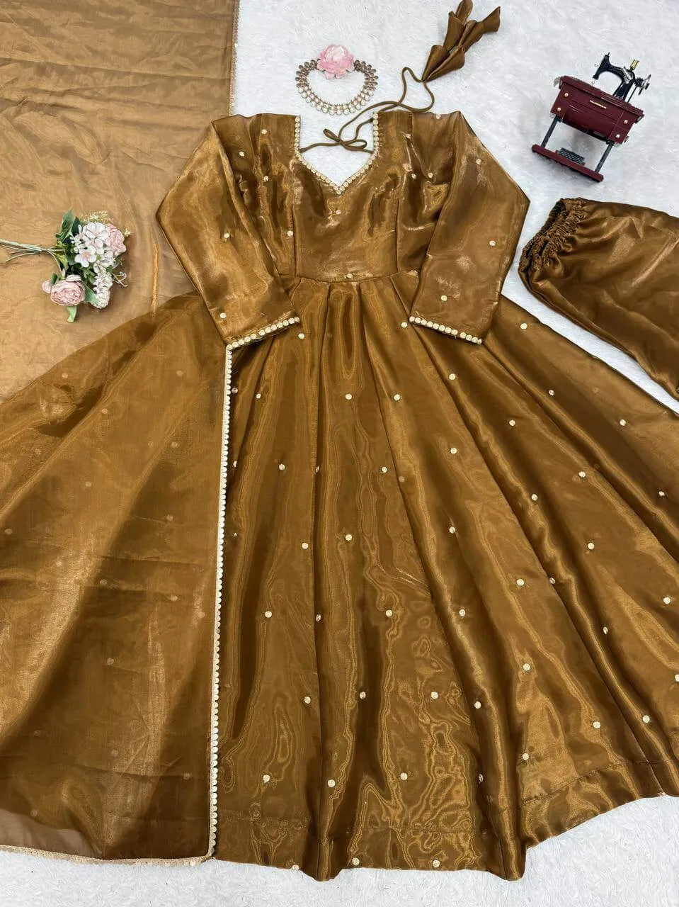 Organza Silk Embroidered Suit Set with Dupatta