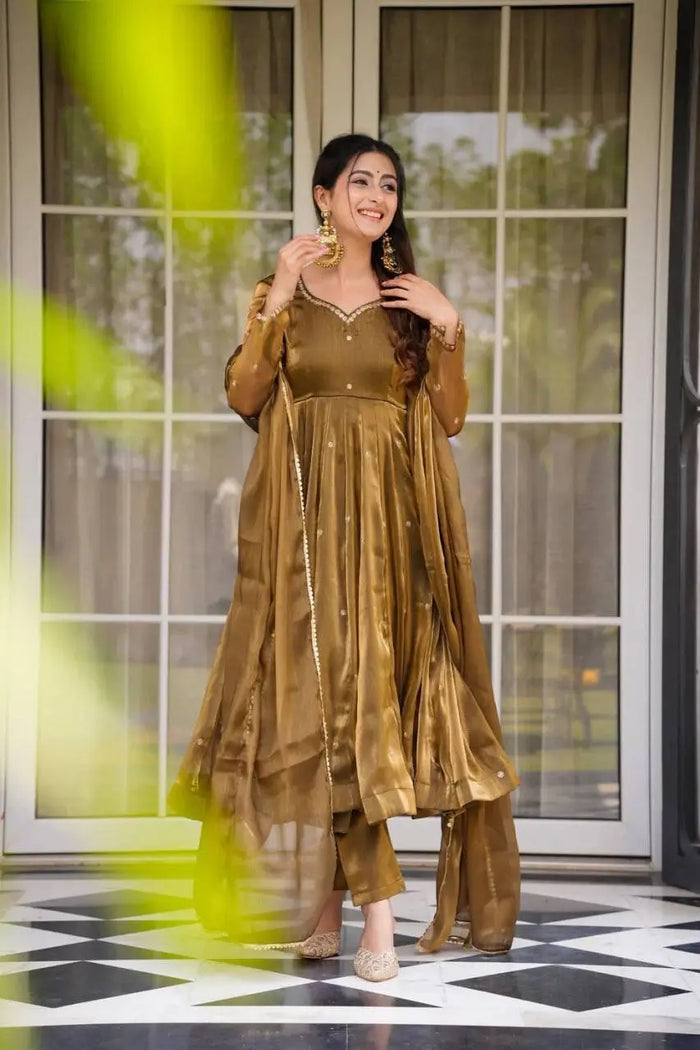 Organza Silk Embroidered Suit Set with Dupatta