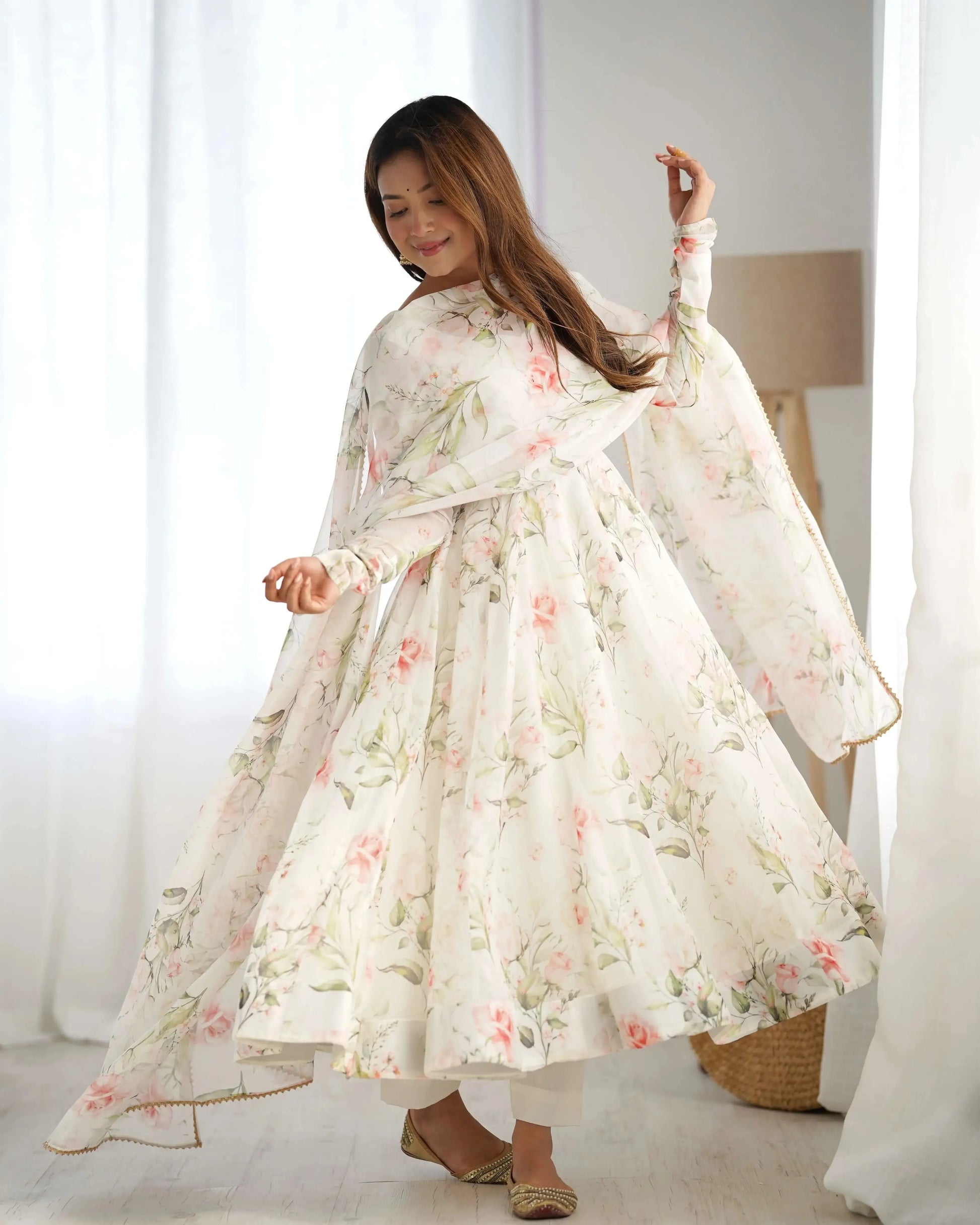Organza Silk Floral Print Anarkali Set with Dupatta & Pant – Gota Patti Detailing