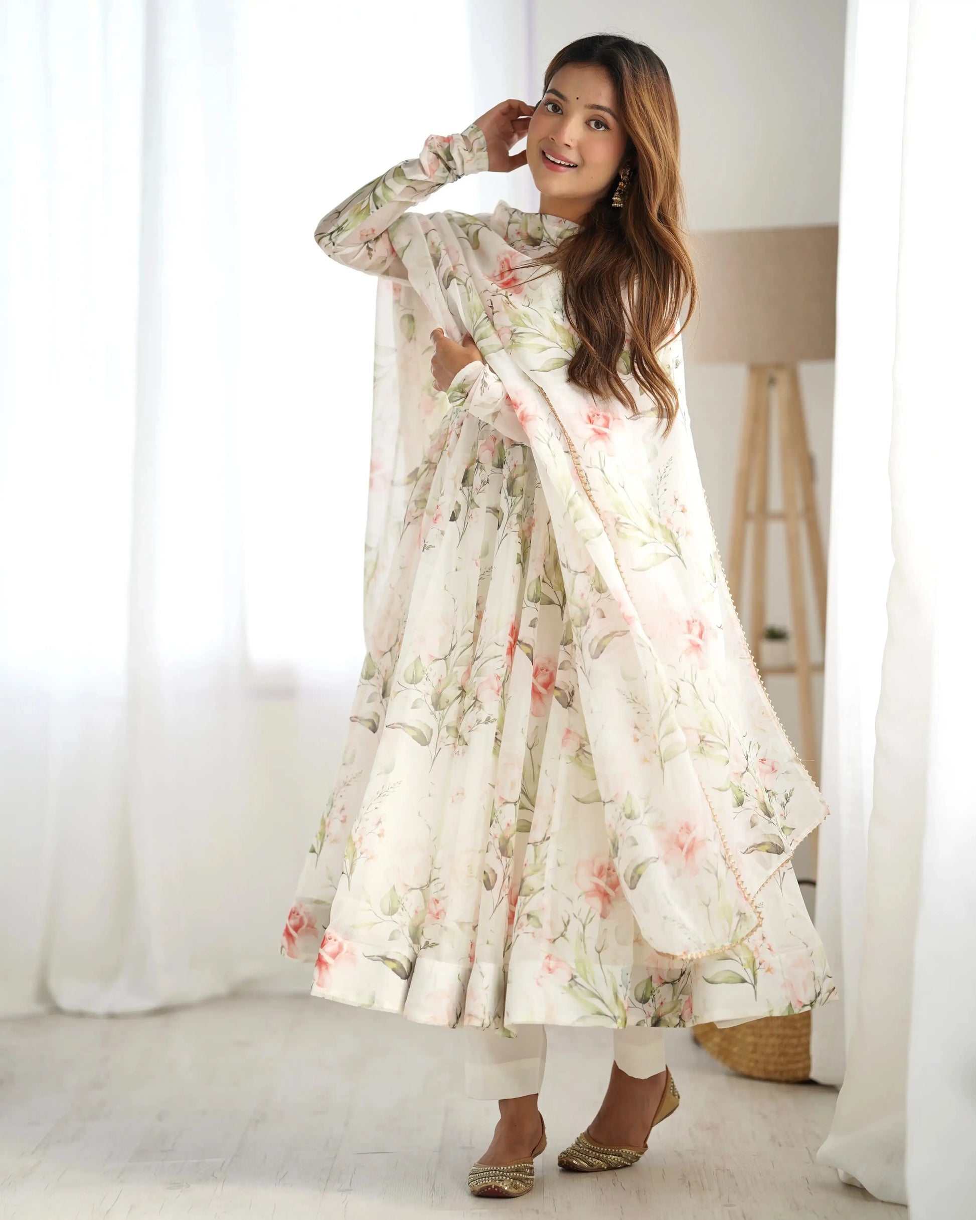 Organza Silk Floral Print Anarkali Set with Dupatta & Pant – Gota Patti Detailing