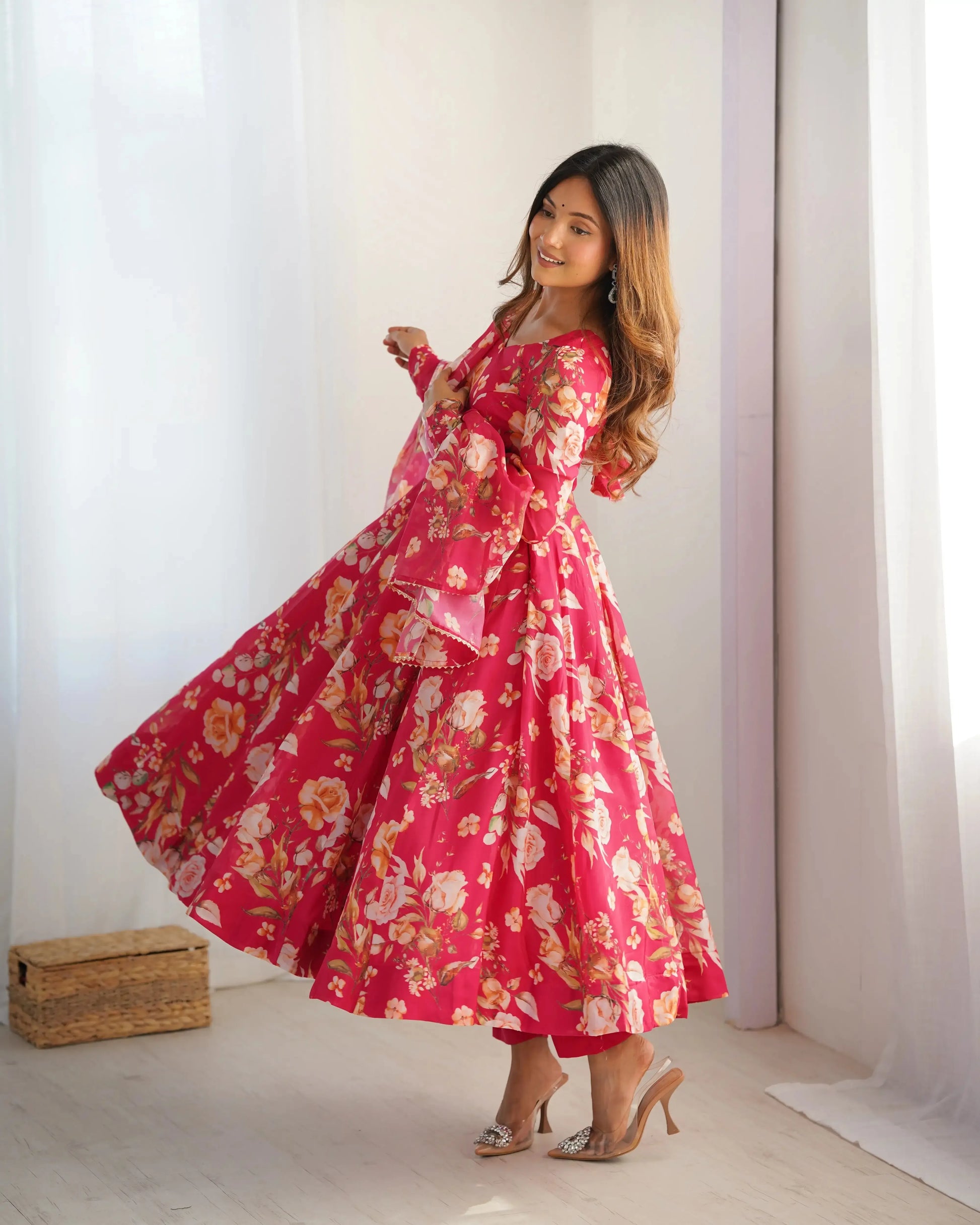 Organza Silk Floral Print Anarkali Set with Dupatta & Pant – Gota Patti Detailing