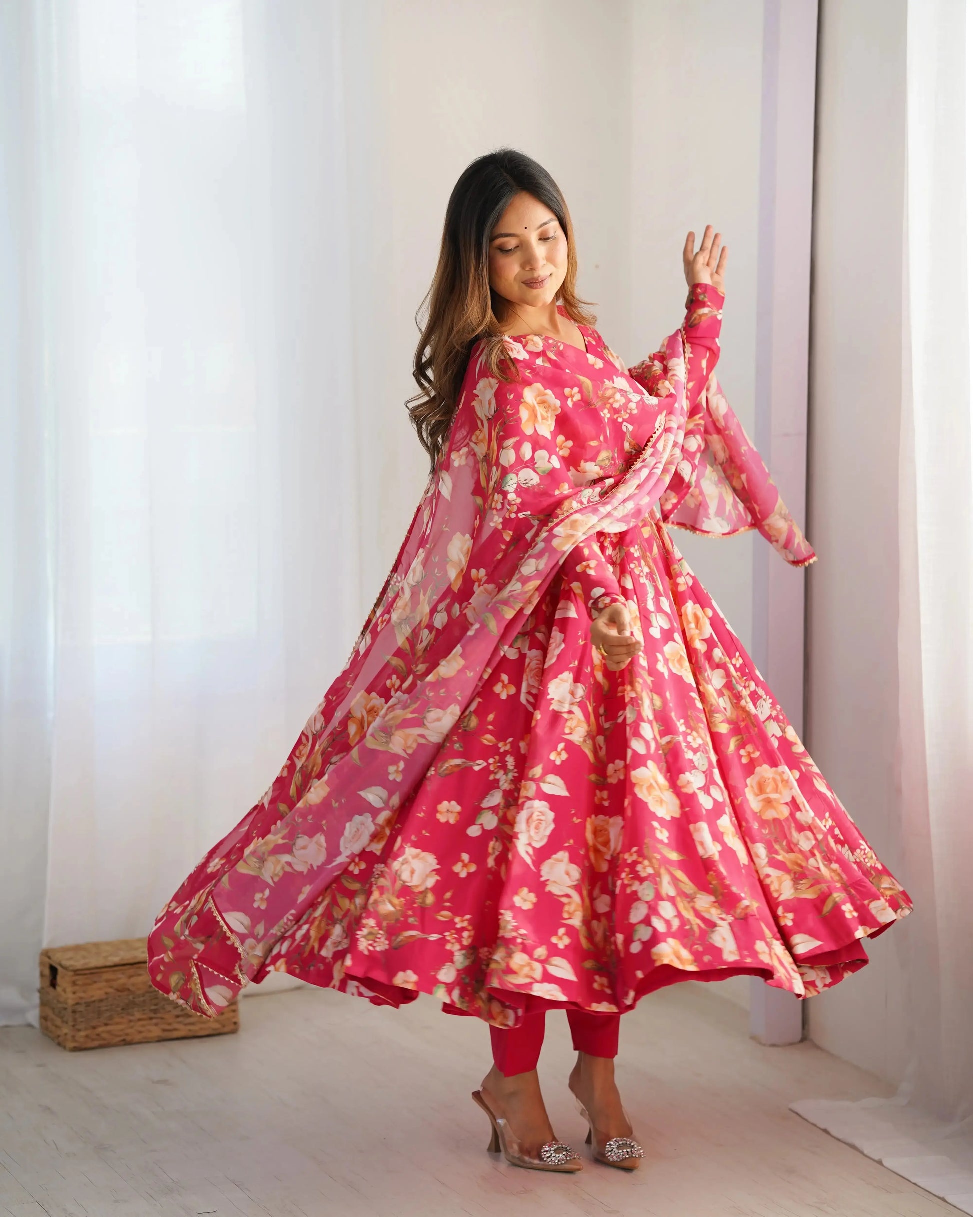 Organza Silk Floral Print Anarkali Set with Dupatta & Pant – Gota Patti Detailing