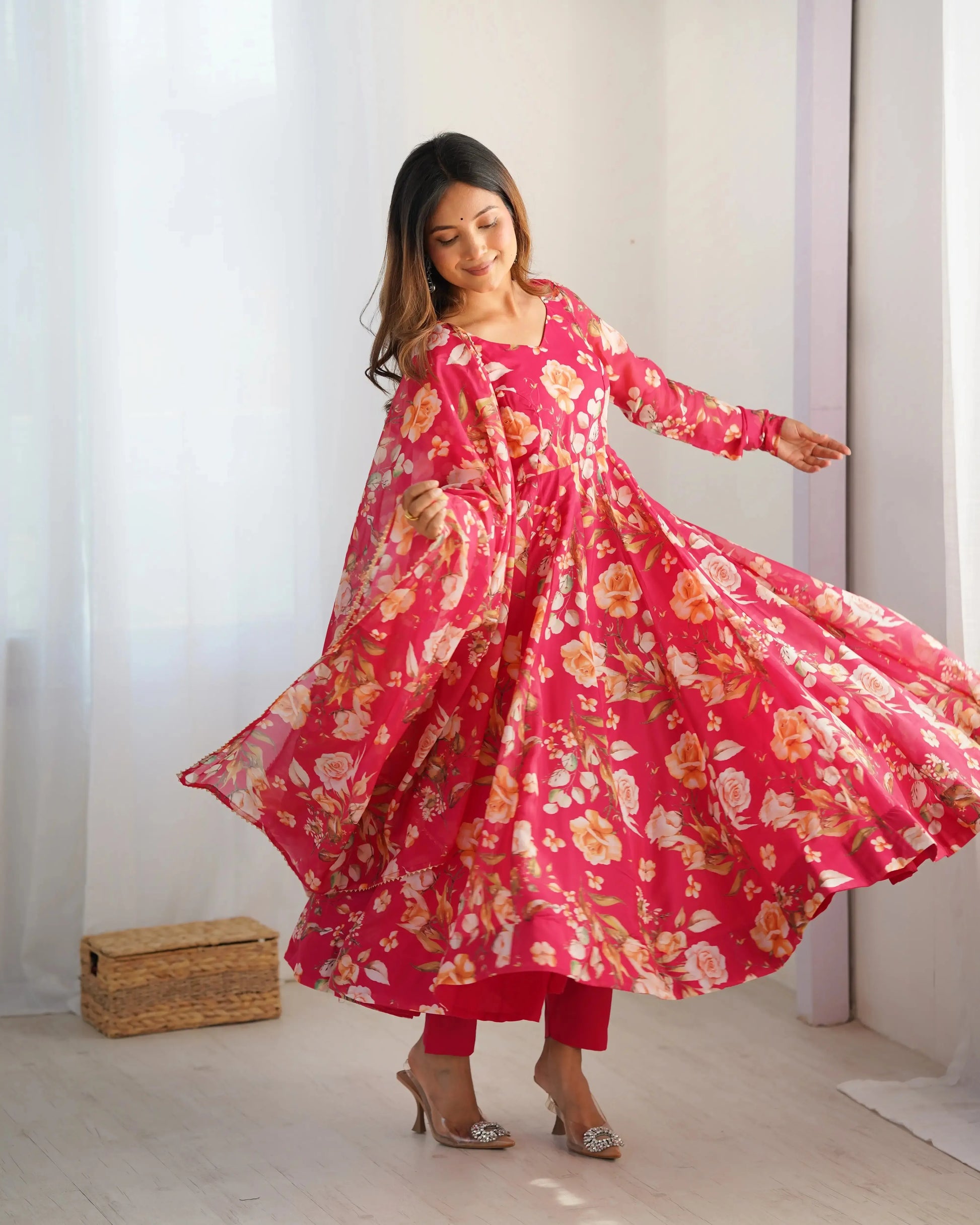 Organza Silk Floral Print Anarkali Set with Dupatta & Pant – Gota Patti Detailing