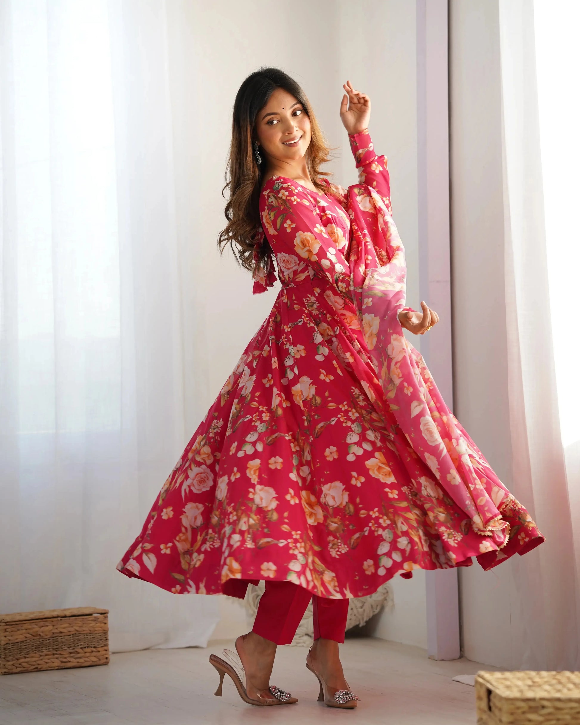 Organza Silk Floral Print Anarkali Set with Dupatta & Pant – Gota Patti Detailing