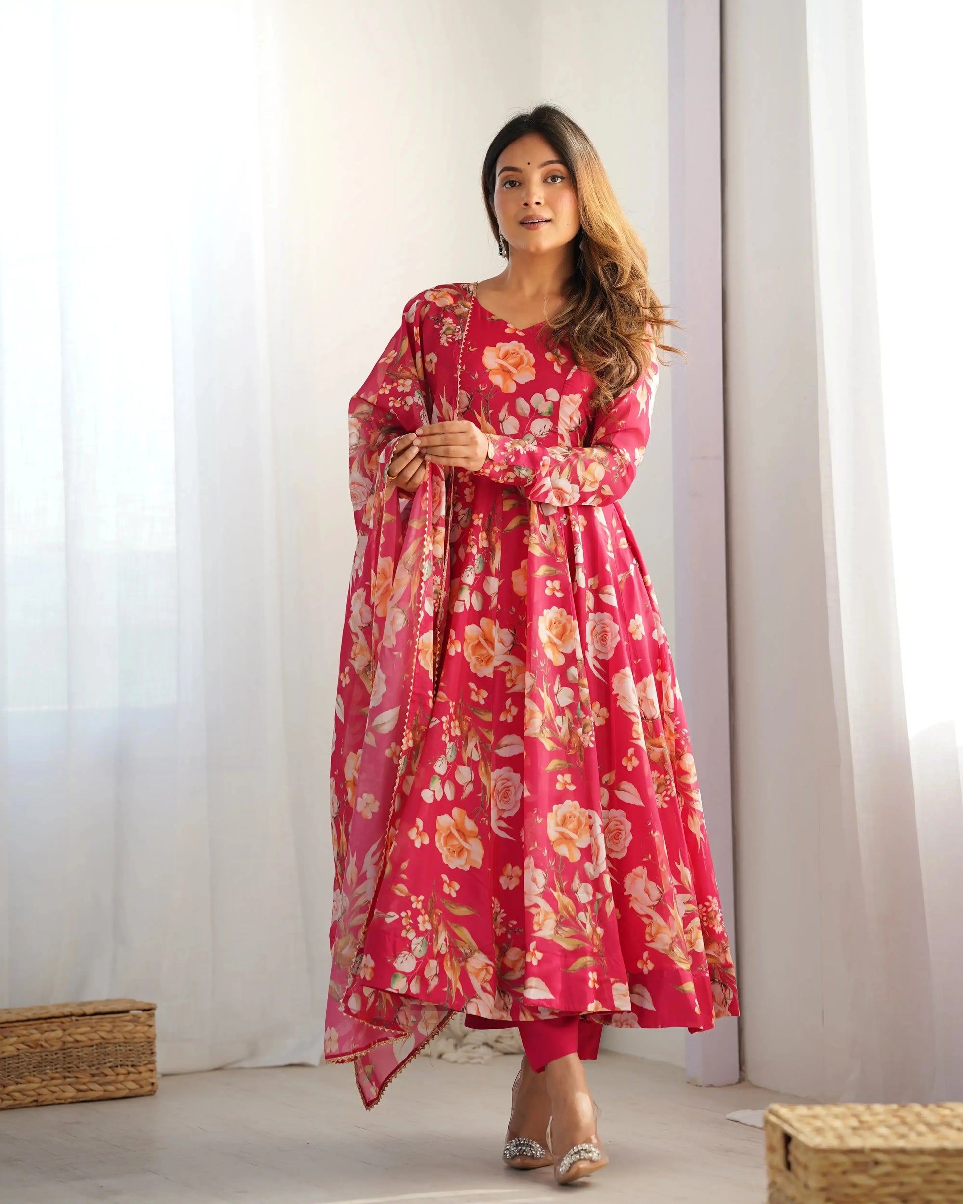 Organza Silk Floral Print Anarkali Set with Dupatta & Pant – Gota Patti Detailing