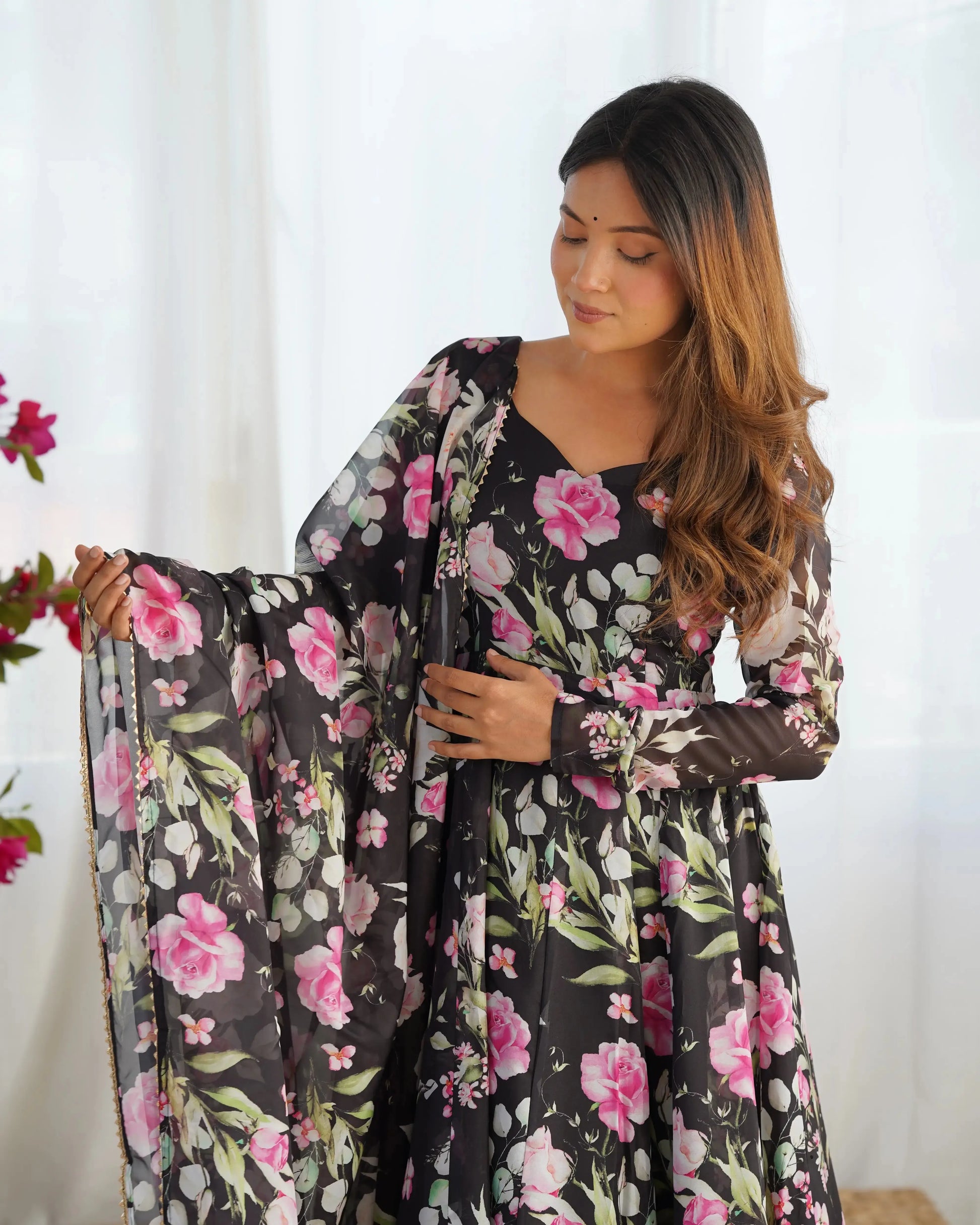 Organza Silk Floral Print Anarkali Set with Dupatta & Pant – Gota Patti Detailing