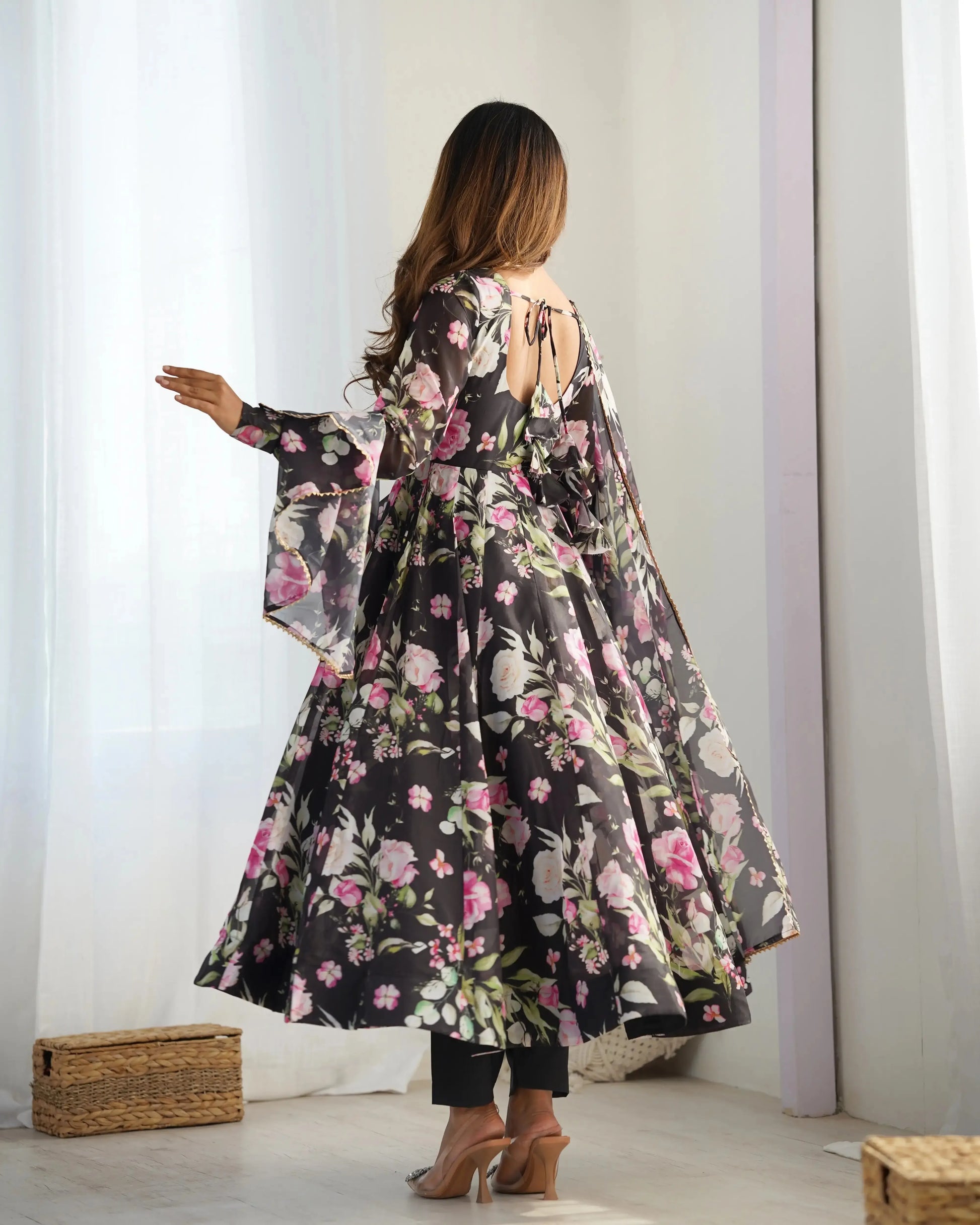 Organza Silk Floral Print Anarkali Set with Dupatta & Pant – Gota Patti Detailing