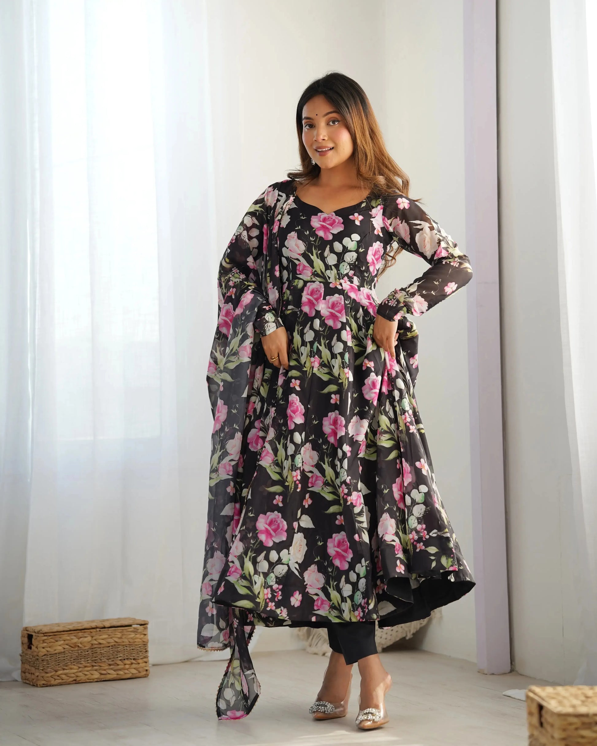Organza Silk Floral Print Anarkali Set with Dupatta & Pant – Gota Patti Detailing