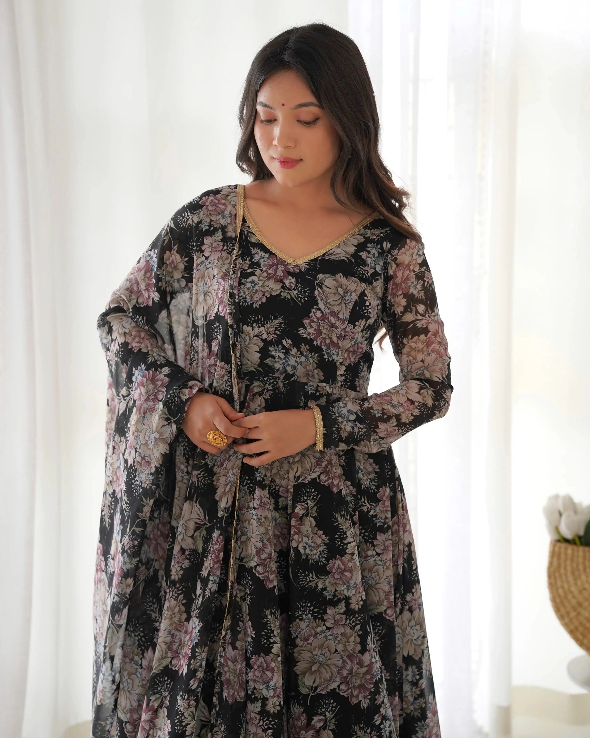 Organza Silk Floral Print Anarkali Set with Dupatta & Pant – Gota Patti Detailing
