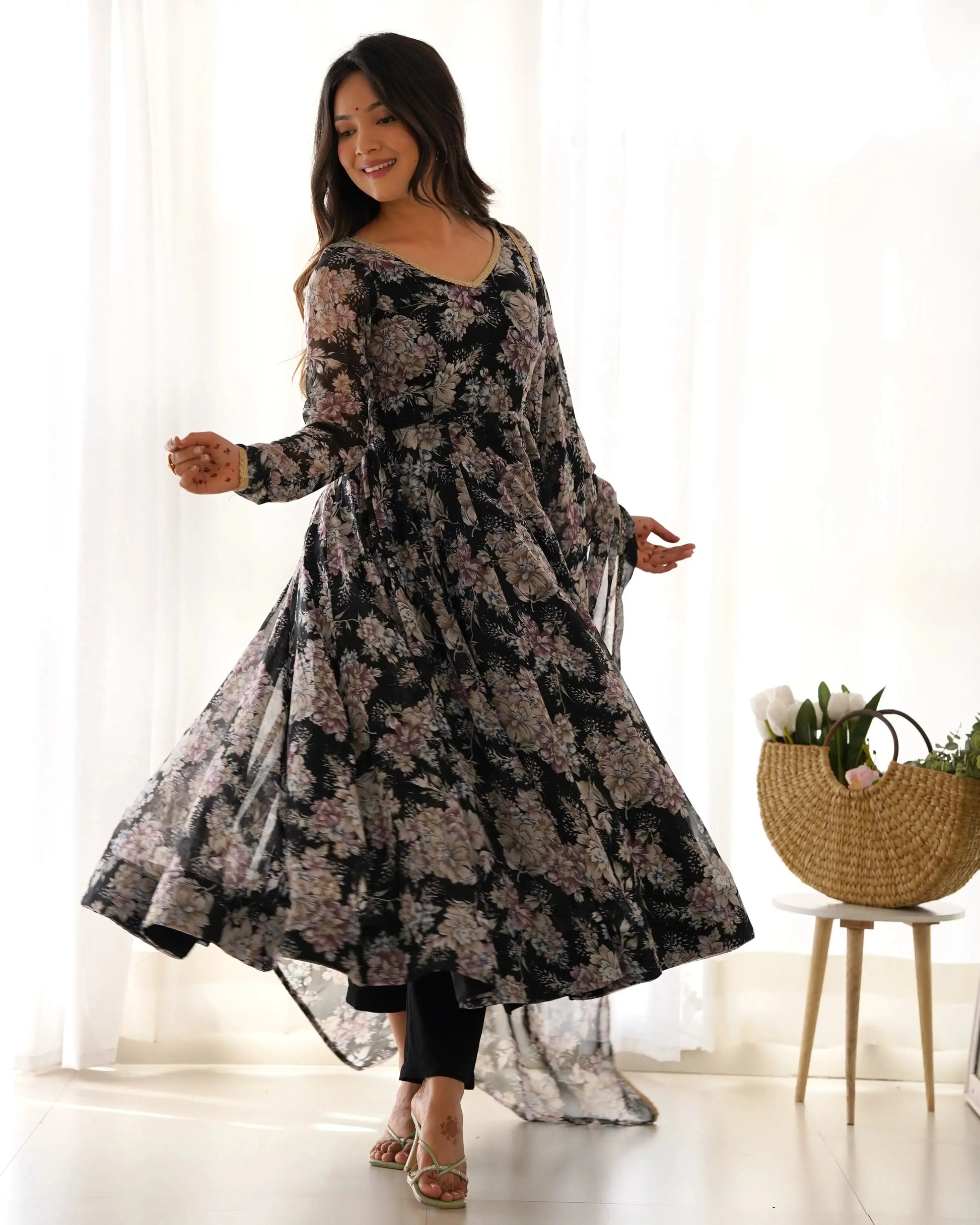 Organza Silk Floral Print Anarkali Set with Dupatta & Pant – Gota Patti Detailing