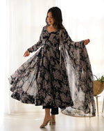 Organza Silk Floral Print Anarkali Set with Dupatta & Pant – Gota Patti Detailing