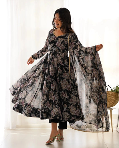 Organza Silk Floral Print Anarkali Set with Dupatta & Pant – Gota Patti Detailing