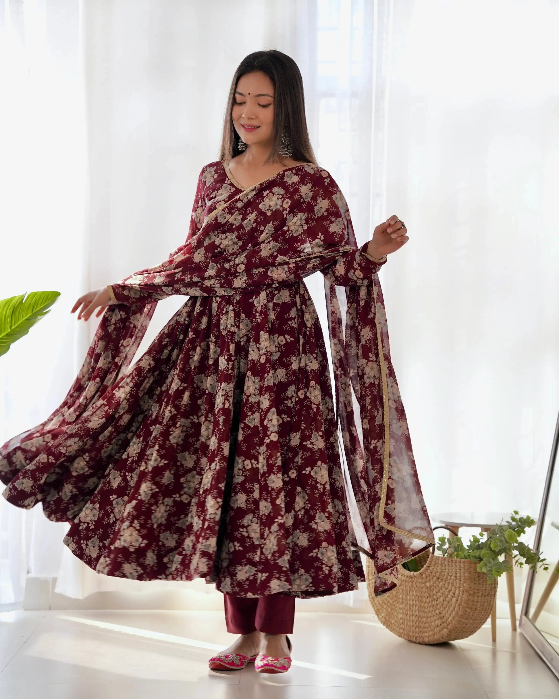 Organza Silk Floral Print Anarkali Set with Dupatta & Pant – Gota Patti Detailing