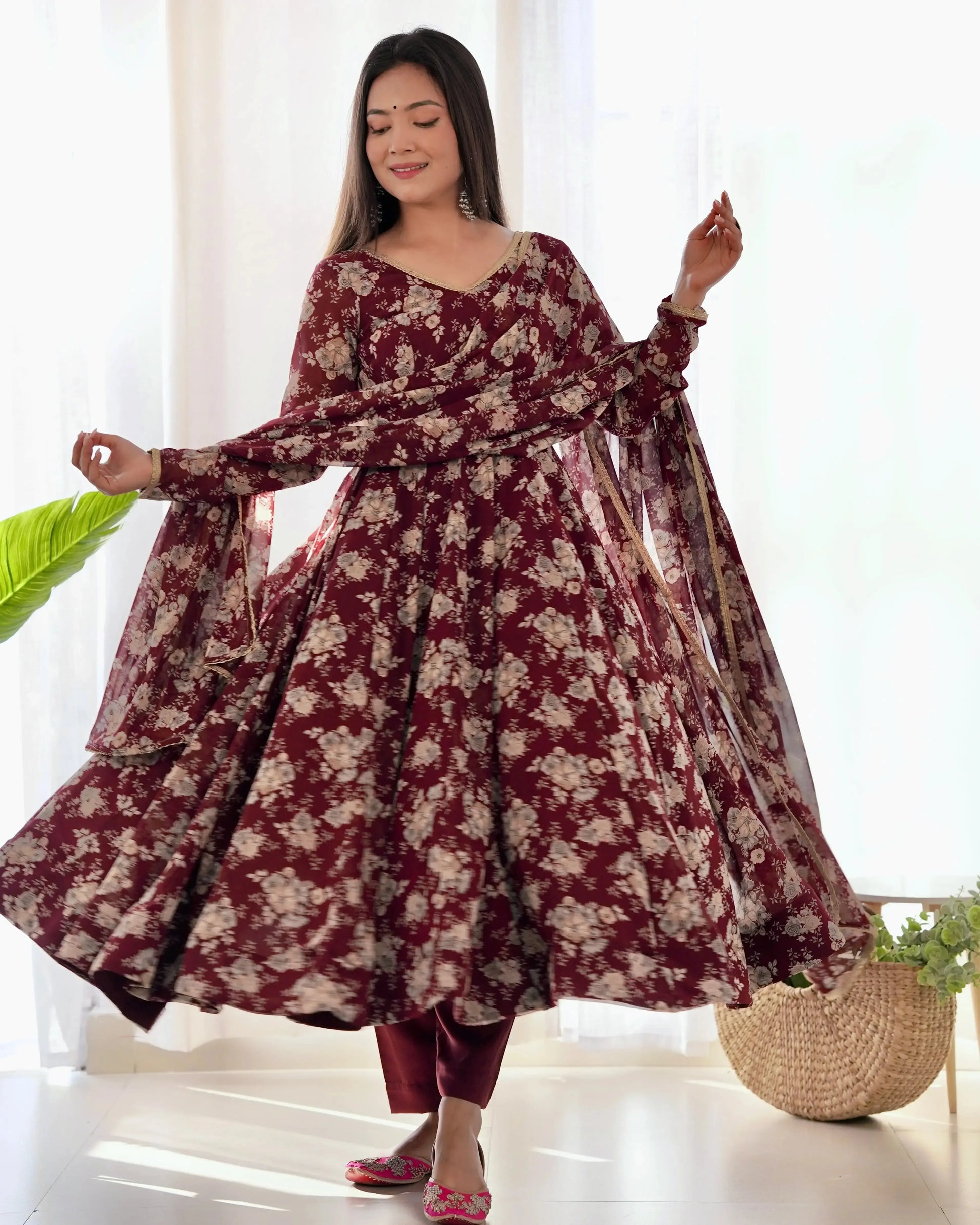 Organza Silk Floral Print Anarkali Set with Dupatta & Pant – Gota Patti Detailing