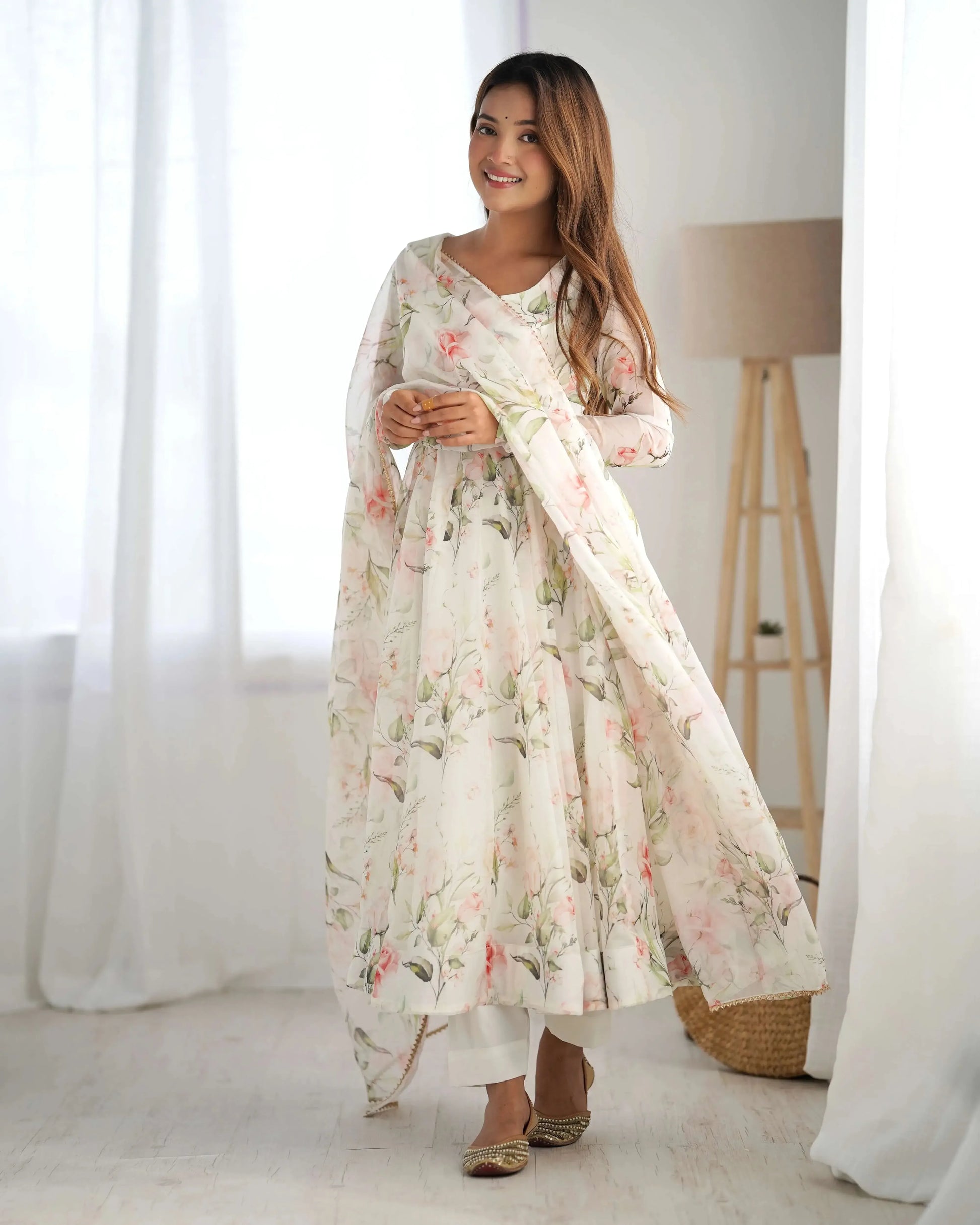 Organza Silk Floral Print Anarkali Set with Dupatta & Pant – Gota Patti Detailing