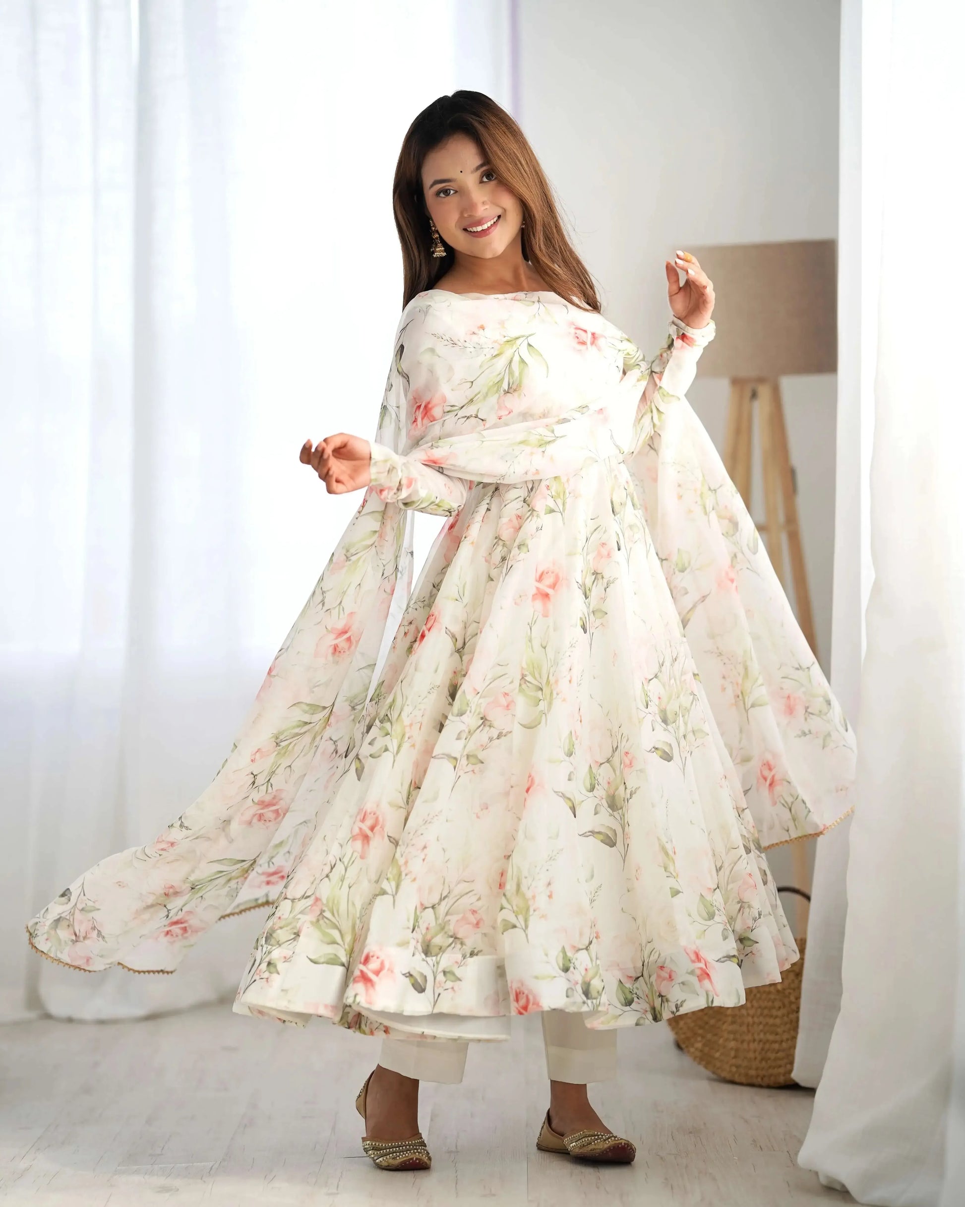Organza Silk Floral Print Anarkali Set with Dupatta & Pant – Gota Patti Detailing