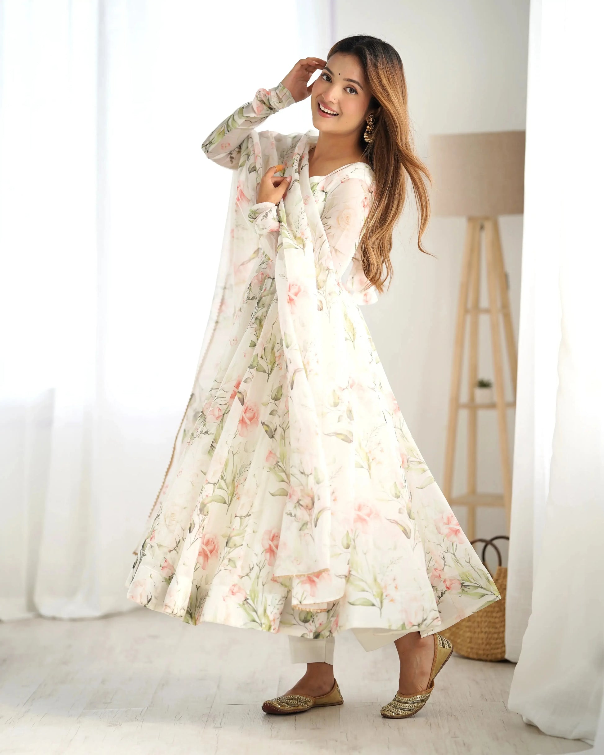 Organza Silk Floral Print Anarkali Set with Dupatta & Pant – Gota Patti Detailing