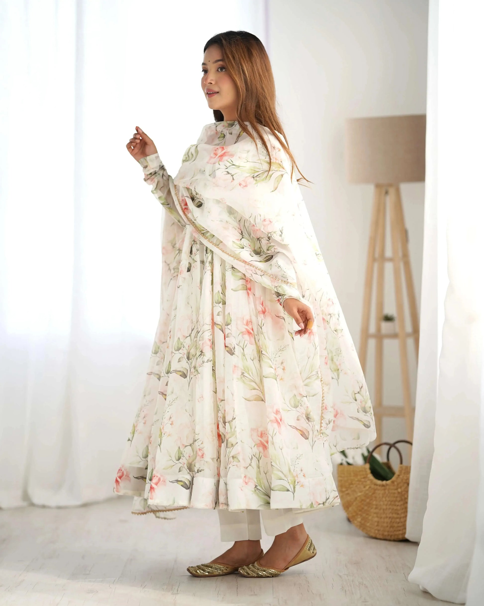 Organza Silk Floral Print Anarkali Set with Dupatta & Pant – Gota Patti Detailing
