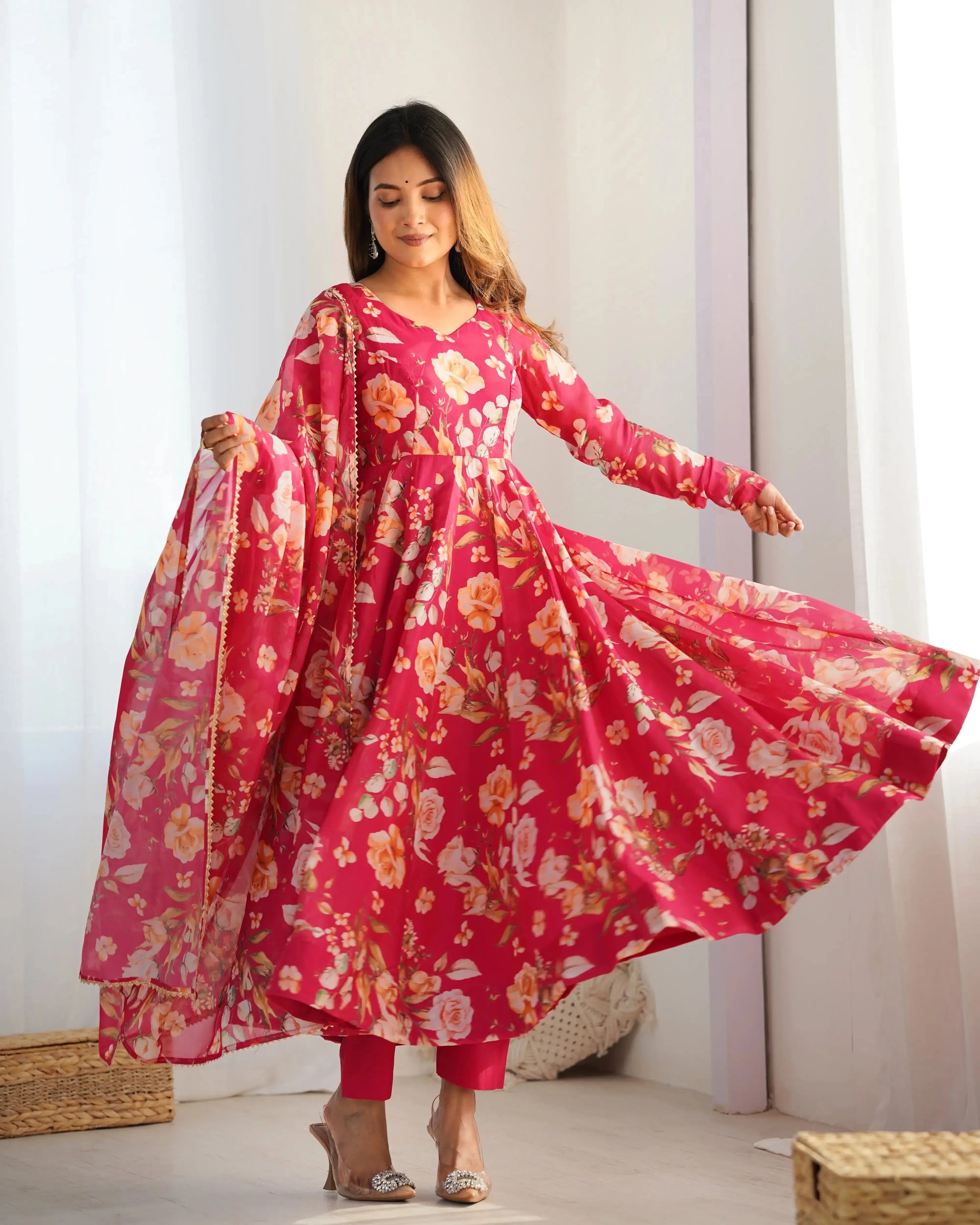 Organza Silk Floral Print Anarkali Set with Dupatta & Pant – Gota Patti Detailing