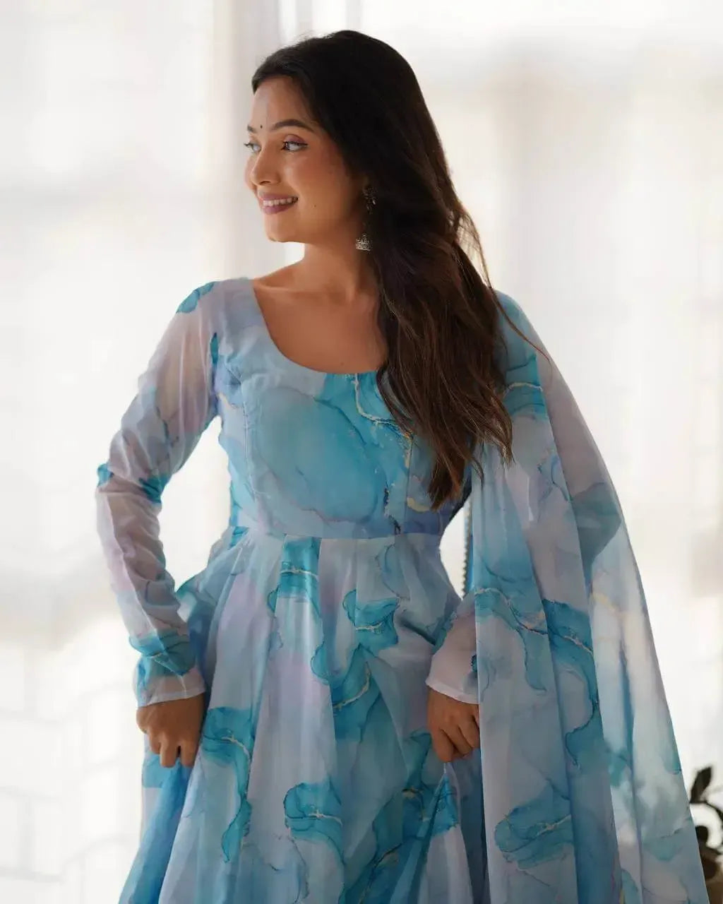 Organza Silk Marble Print Anarkali Set with Dupatta & Pant – Gota Patti Detailing