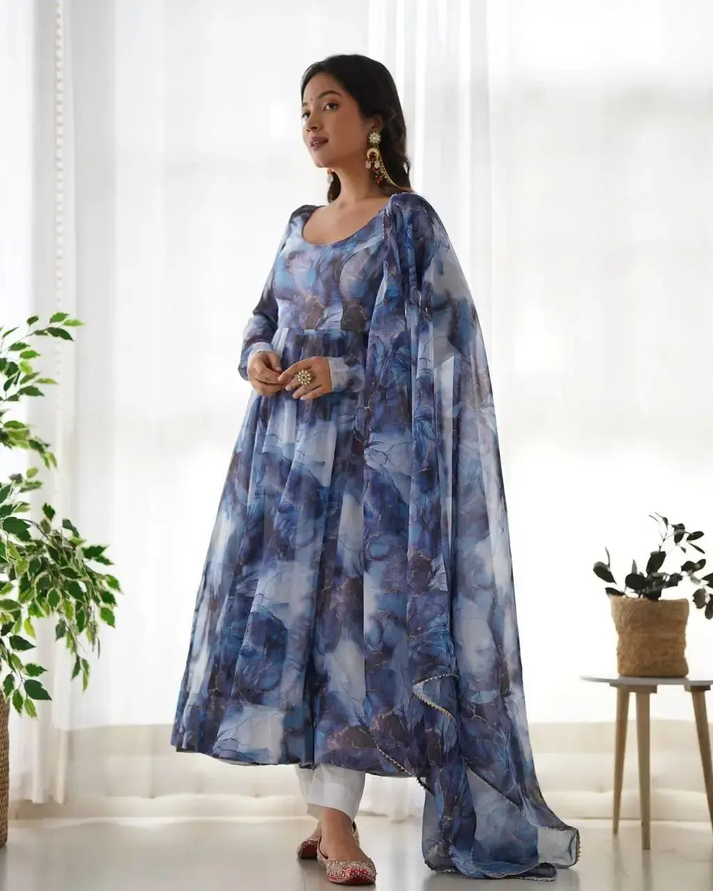 Organza Silk Marble Print Anarkali Set with Dupatta & Pant – Gota Patti Detailing