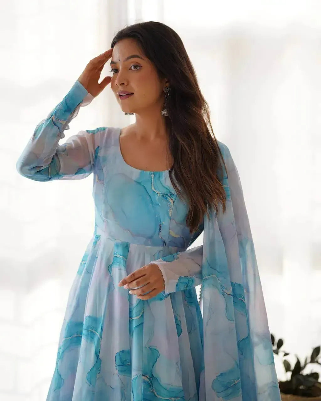Organza Silk Marble Print Anarkali Set with Dupatta & Pant – Gota Patti Detailing