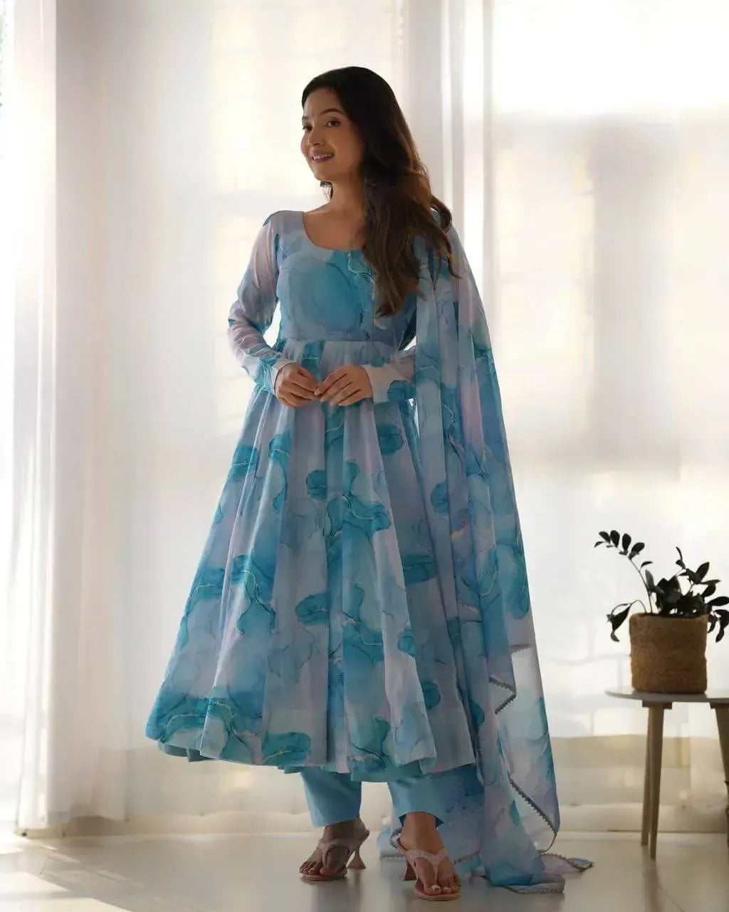 Organza Silk Marble Print Anarkali Set with Dupatta & Pant – Gota Patti Detailing