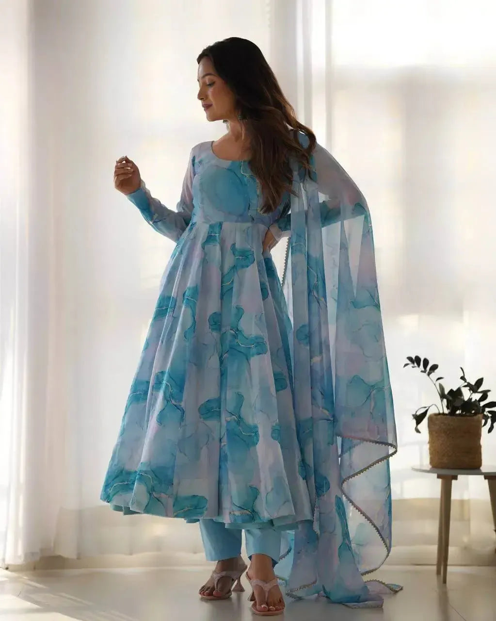 Organza Silk Marble Print Anarkali Set with Dupatta & Pant – Gota Patti Detailing
