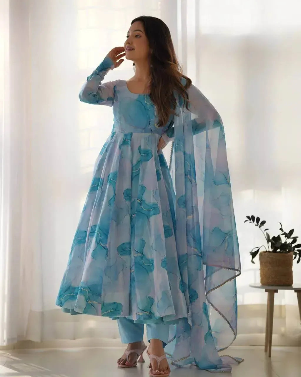 Organza Silk Marble Print Anarkali Set with Dupatta & Pant – Gota Patti Detailing