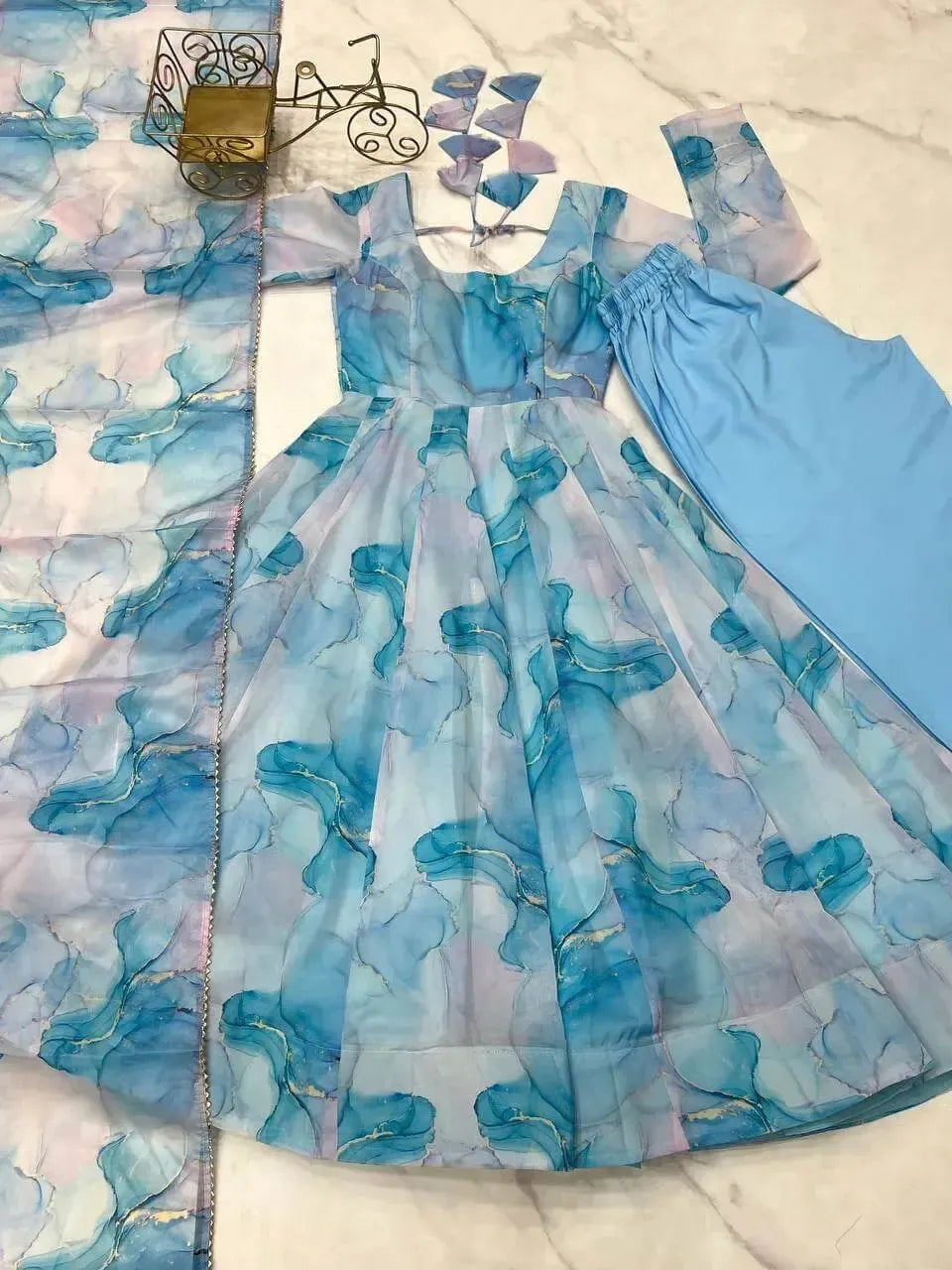 Organza Silk Marble Print Anarkali Set with Dupatta & Pant – Gota Patti Detailing