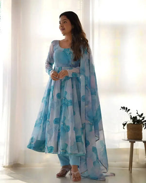Organza Silk Marble Print Anarkali Set with Dupatta & Pant – Gota Patti Detailing