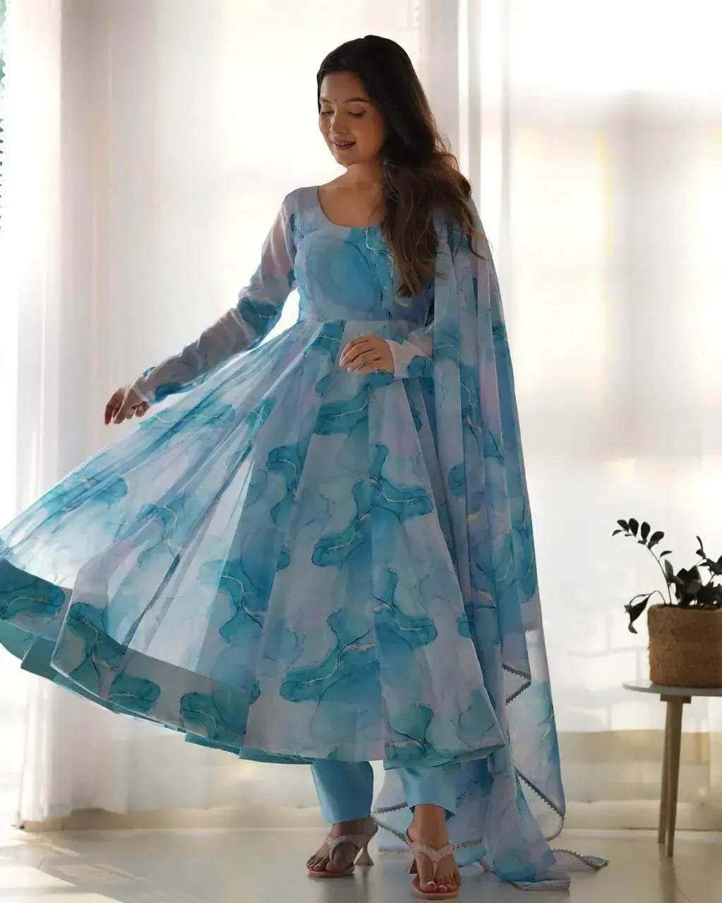 Organza Silk Marble Print Anarkali Set with Dupatta & Pant – Gota Patti Detailing