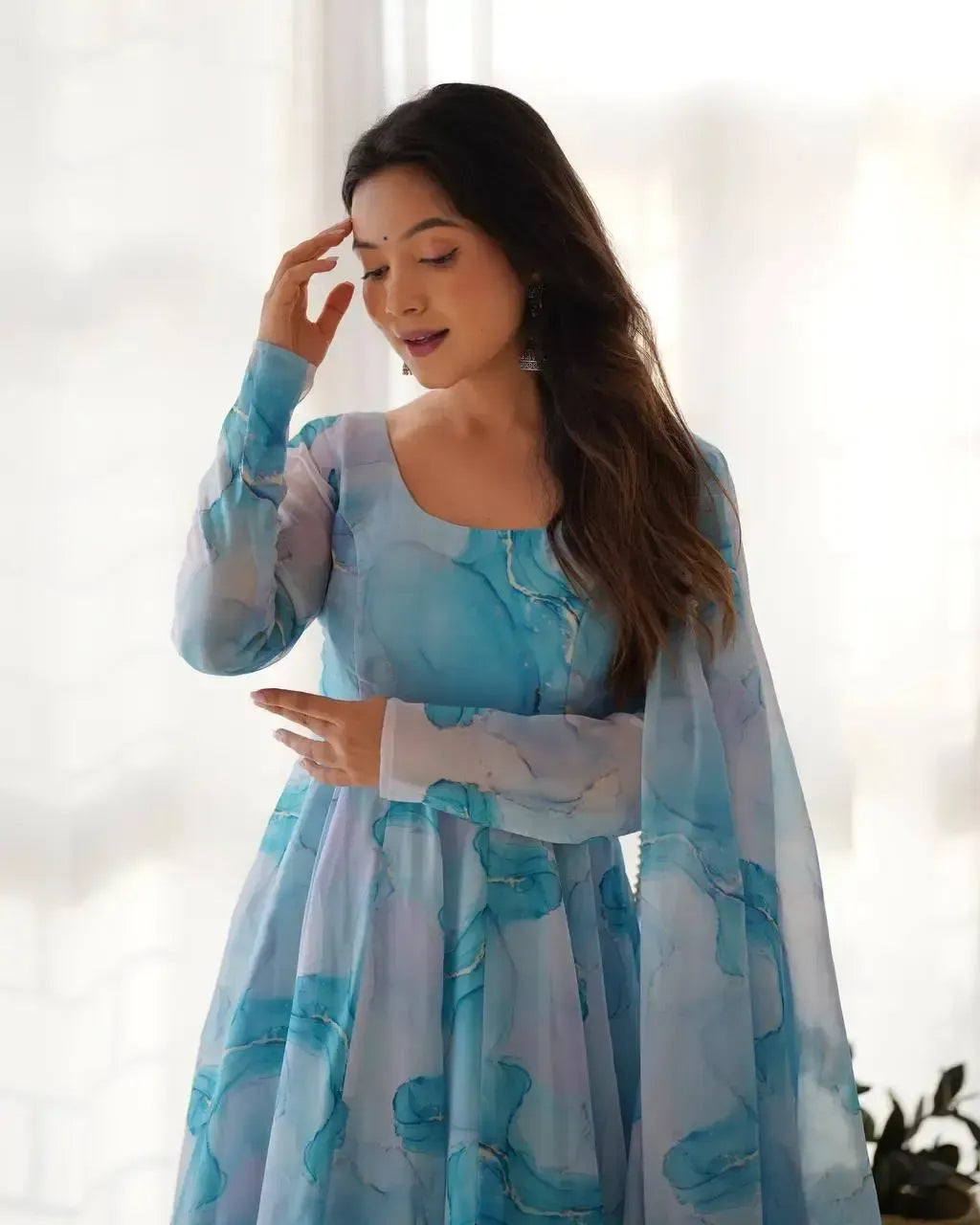 Organza Silk Marble Print Anarkali Set with Dupatta & Pant – Gota Patti Detailing