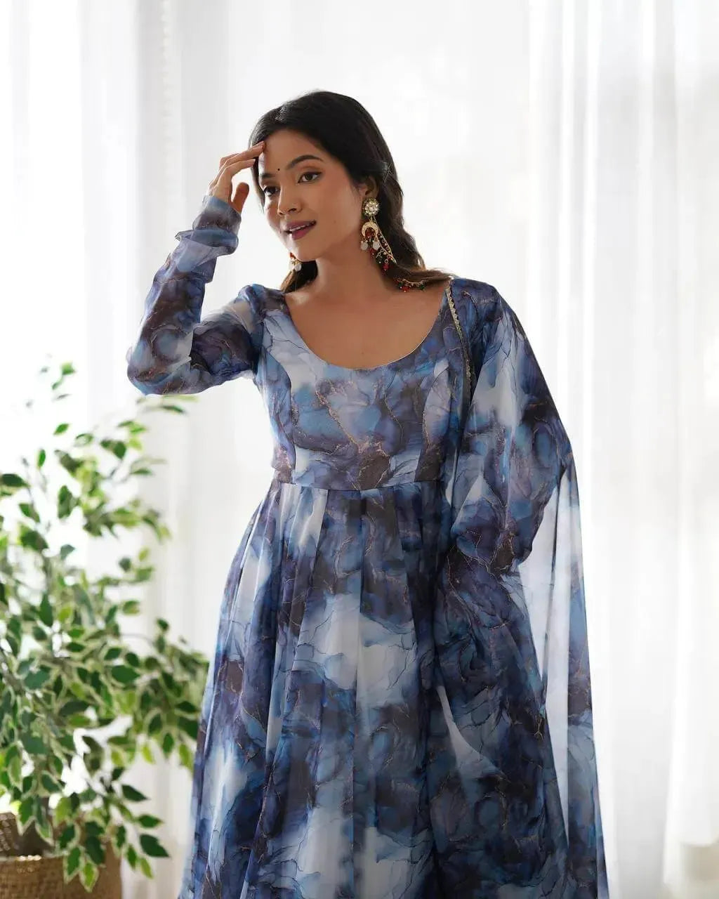 Organza Silk Marble Print Anarkali Set with Dupatta & Pant – Gota Patti Detailing